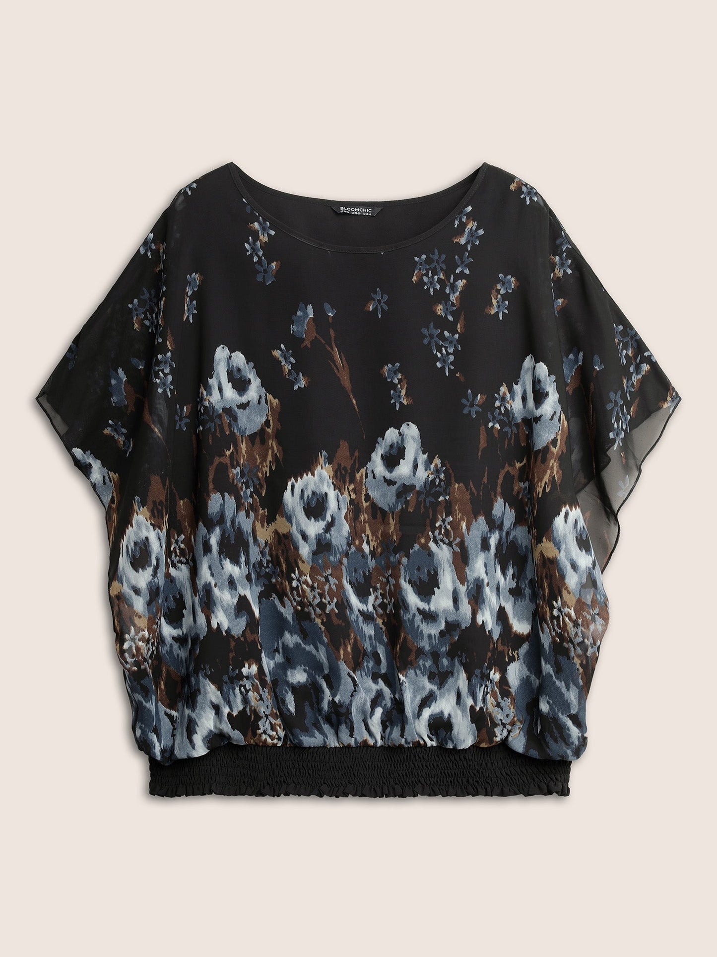 Pixel Flower Shirred Batwing Sleeve Blouse