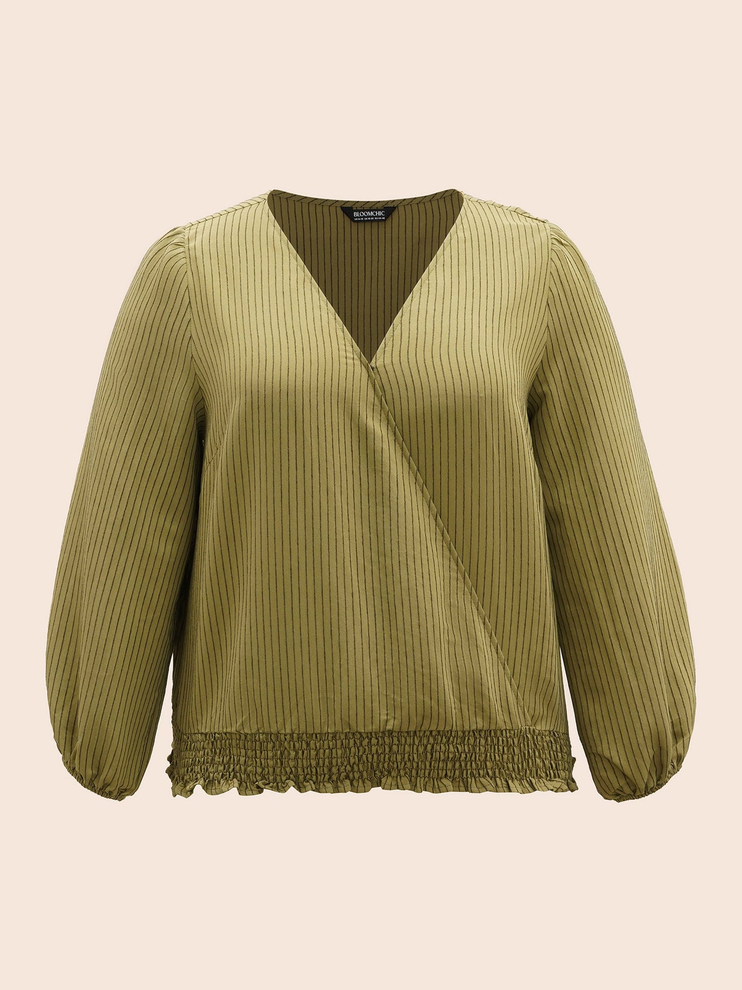 Striped Textured Overlap Collar Shirred Blouse