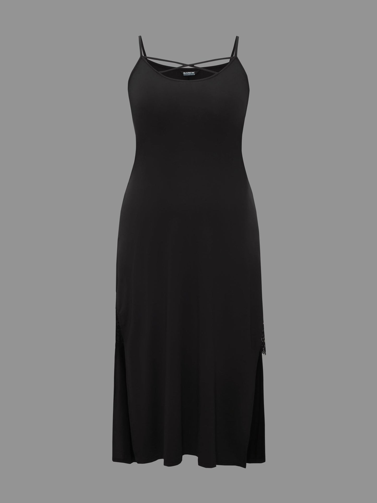 Solid Crisscross Lace Trim Slit Hem Sleep Dress