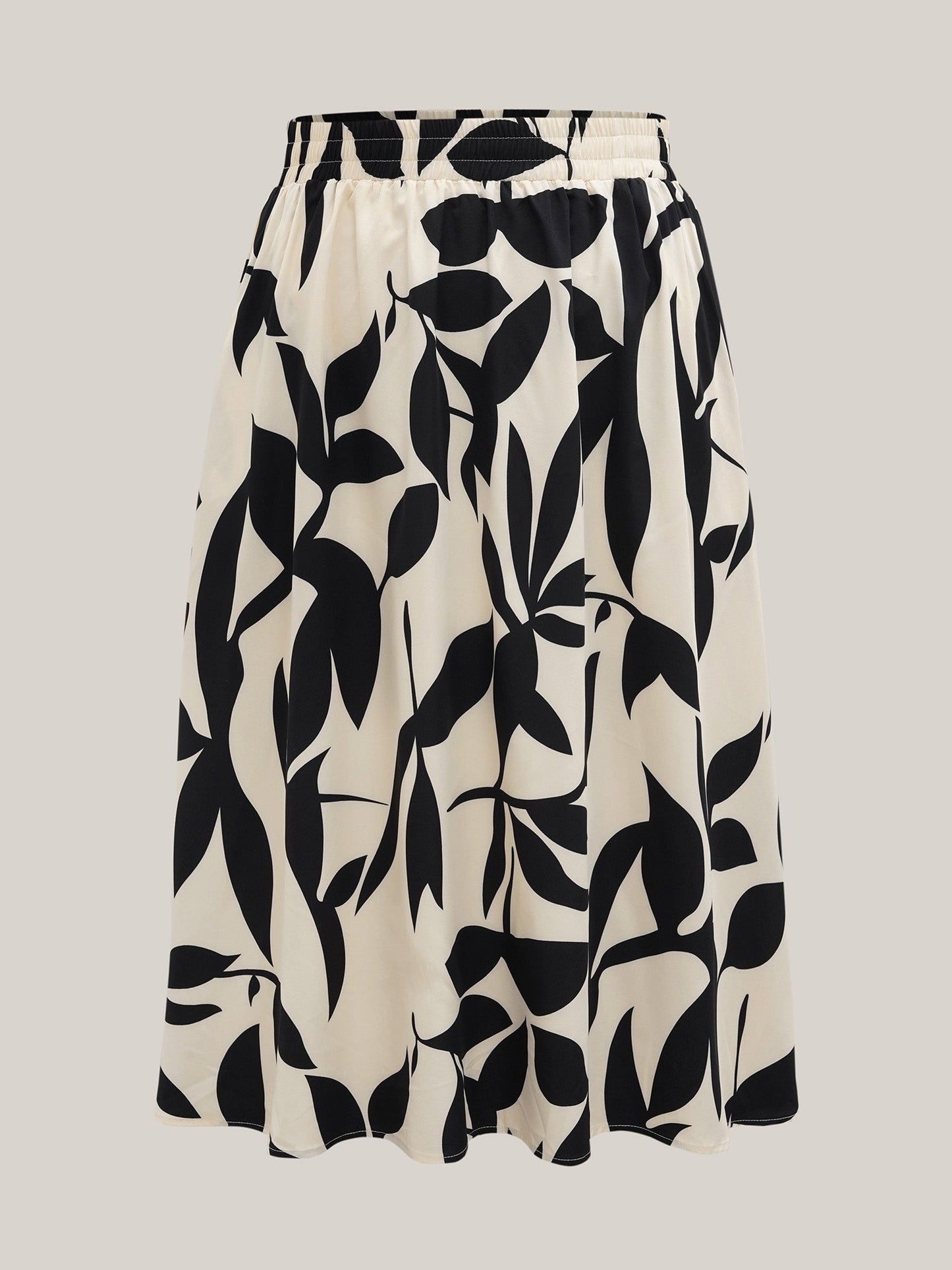 Leaf Print Stretchy-Waist Midi Skirt