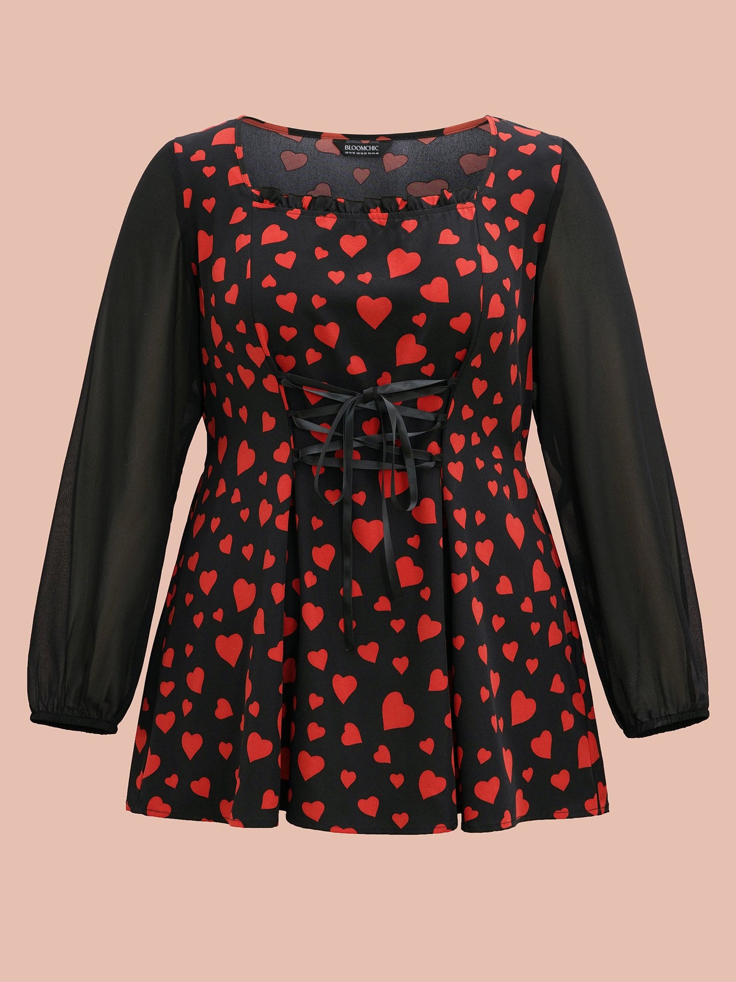 Heart Print Patchwork Waist-Tie Blouse