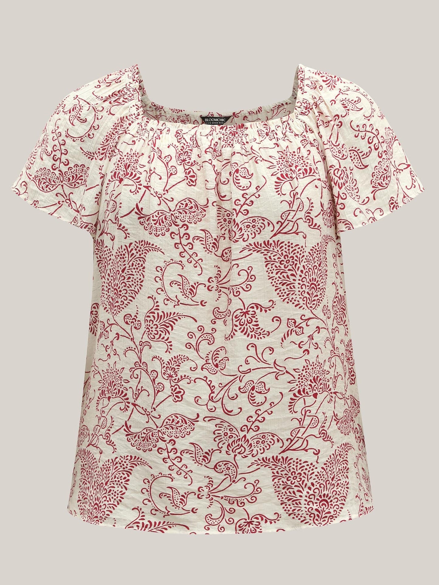 Floral Print Shirred Neck Flowy Blouse