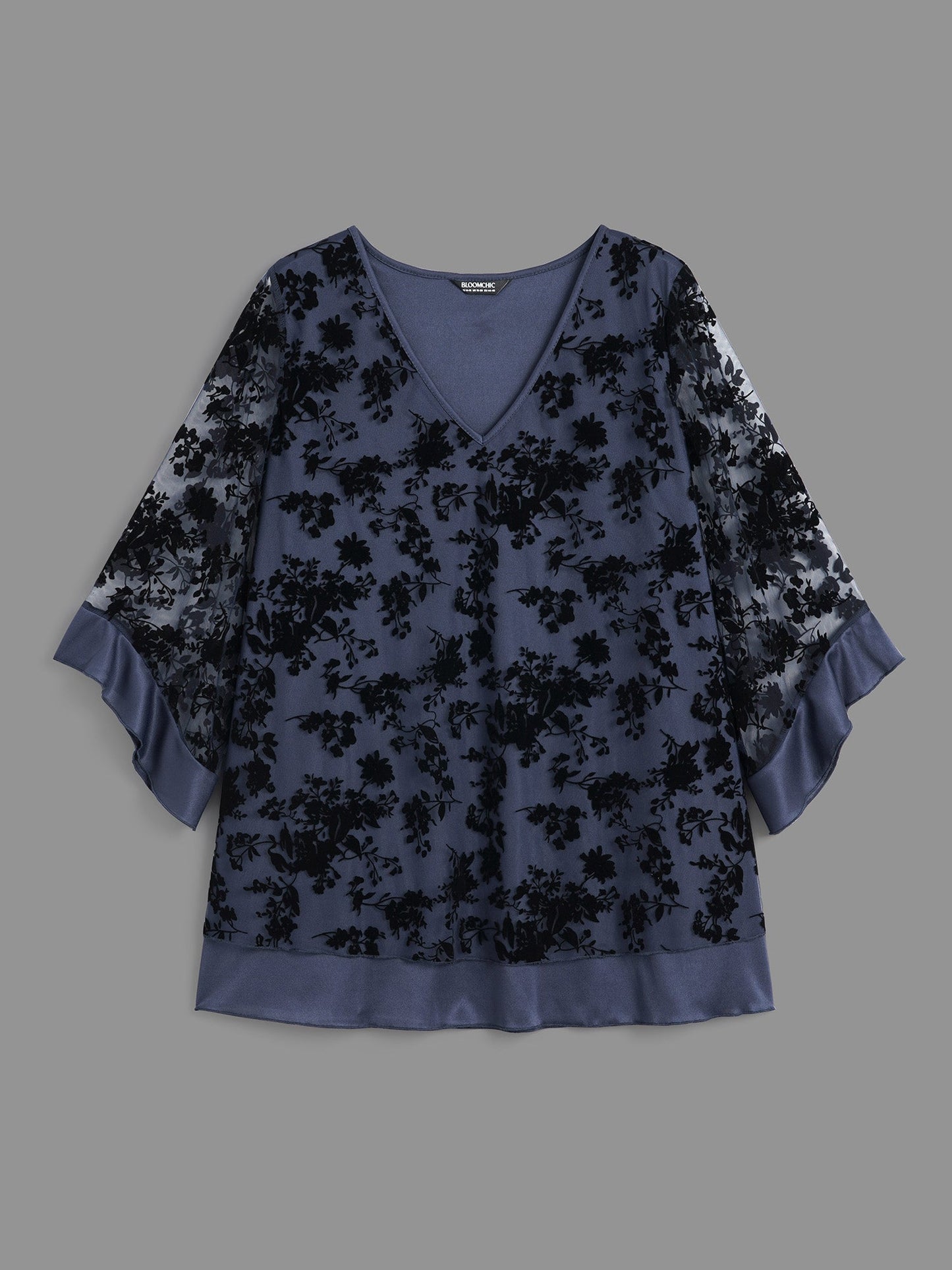 Floral Flocking Mesh Asymmetrical Hem Blouse