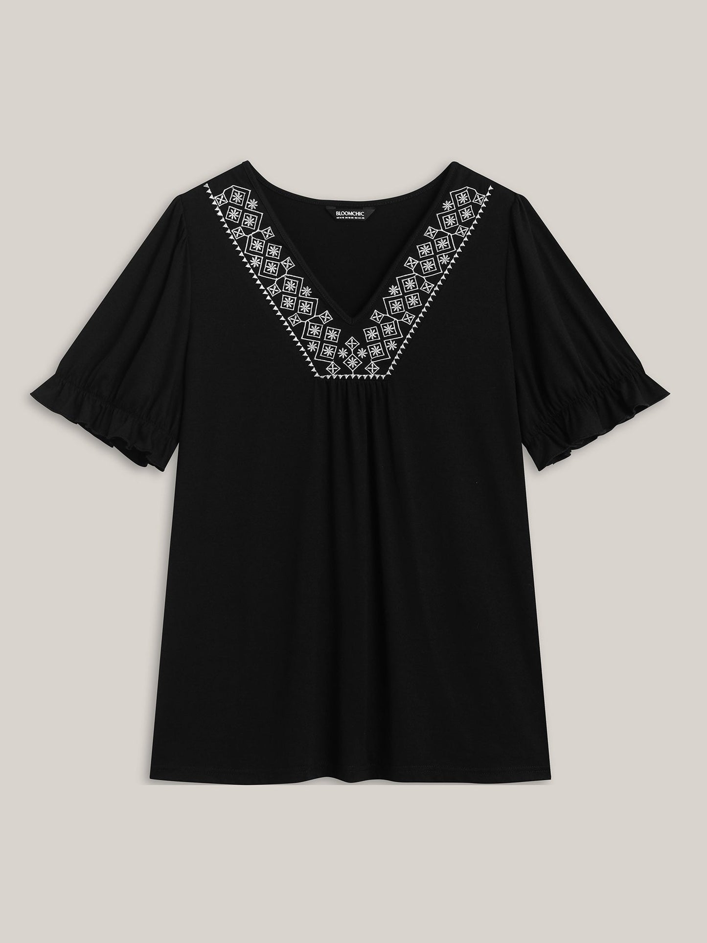 Embroidered V-Neck Puff Sleeve Plain Top
