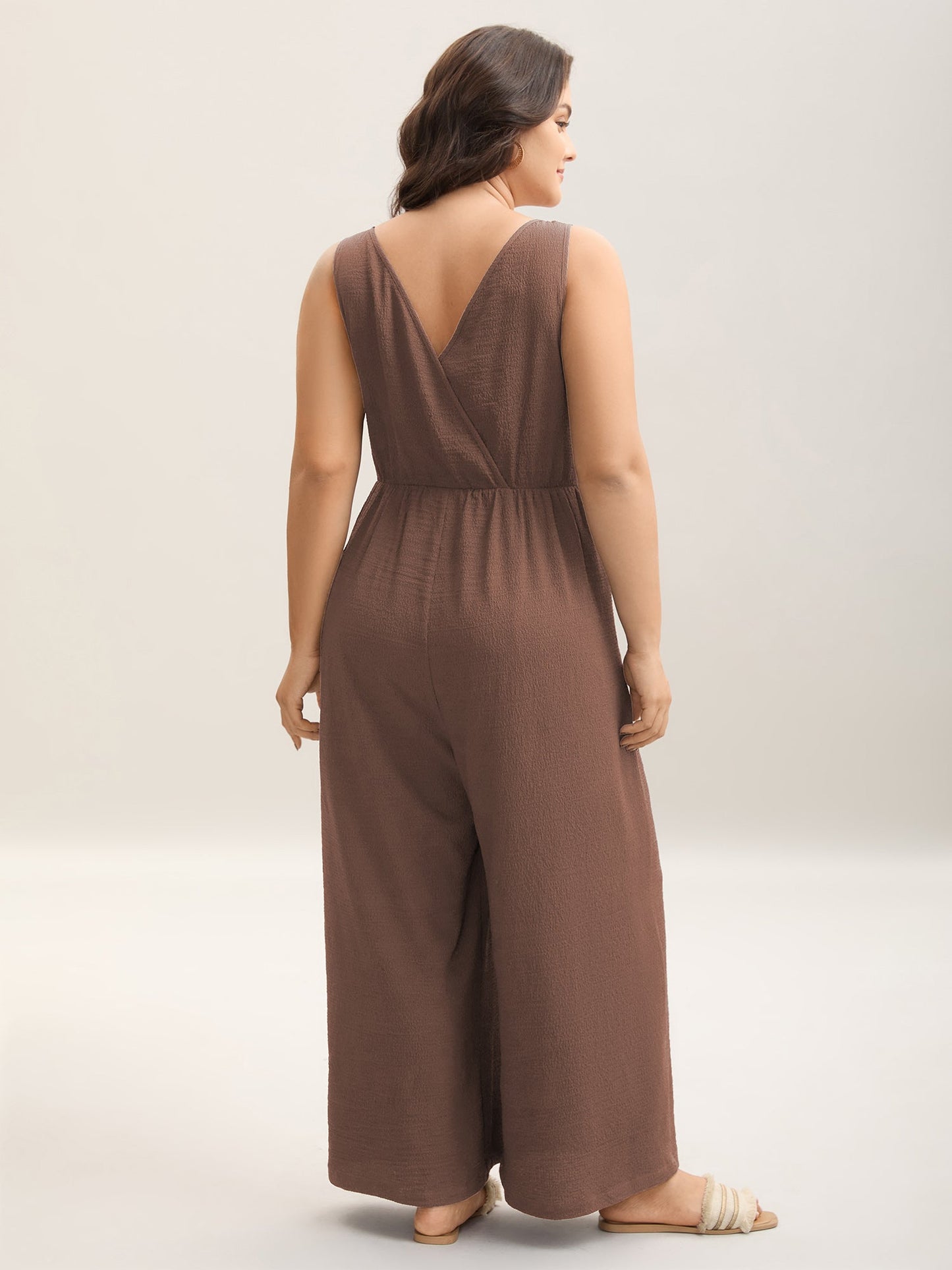 Shirred Pockets Wide-Leg Plain Jumpsuit