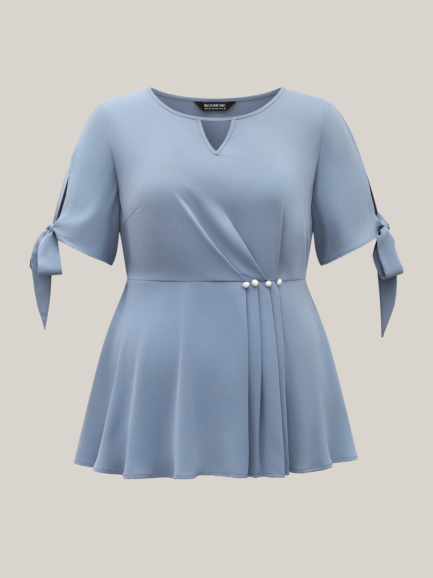 Knotted Sleeve Pearl Detail Keyhole Blouse