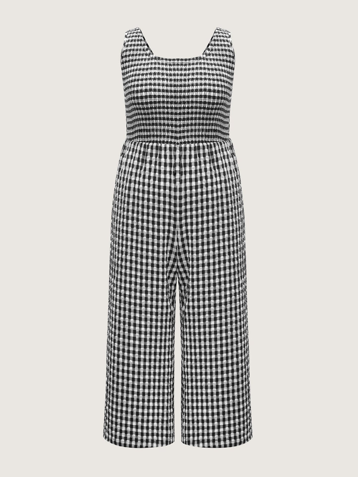Gingham Print Shirred Straight-Leg Jumpsuit