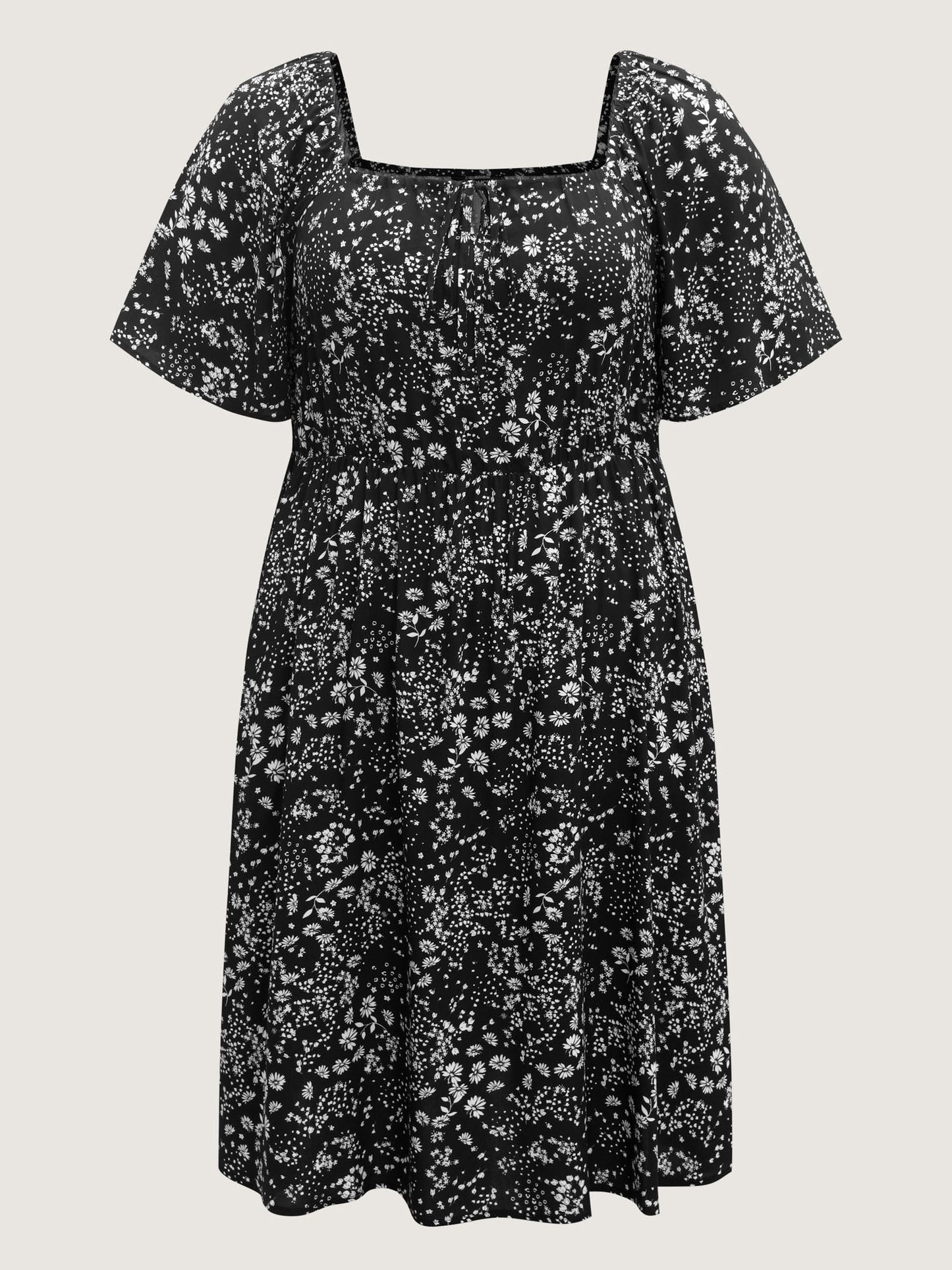 Floral Neck Drawstring Flared Sleeve Midi Dress