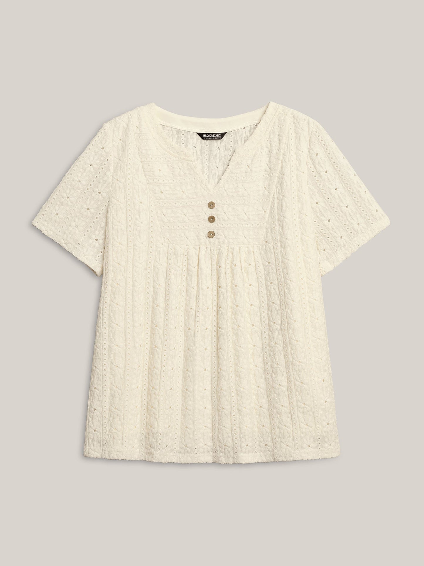 Textured Pleated Split Neck T-Shirt