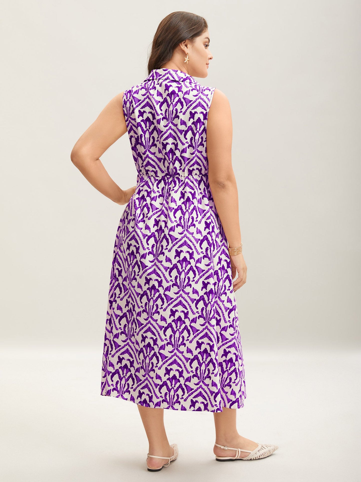 Spring Abstract Print Shirt Collar Midi Dress