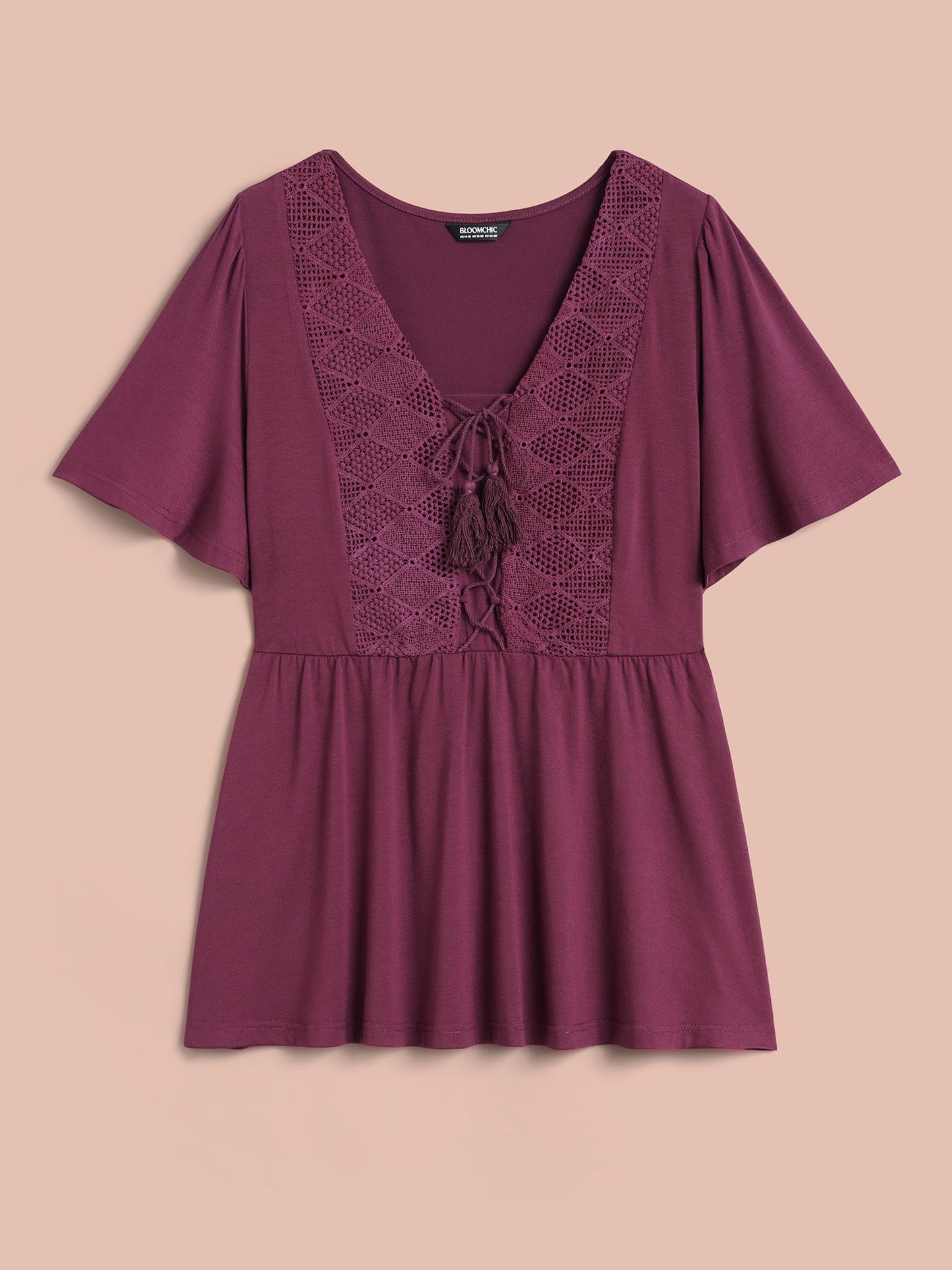 Lace-Up Tassels Patchwork Plain Top