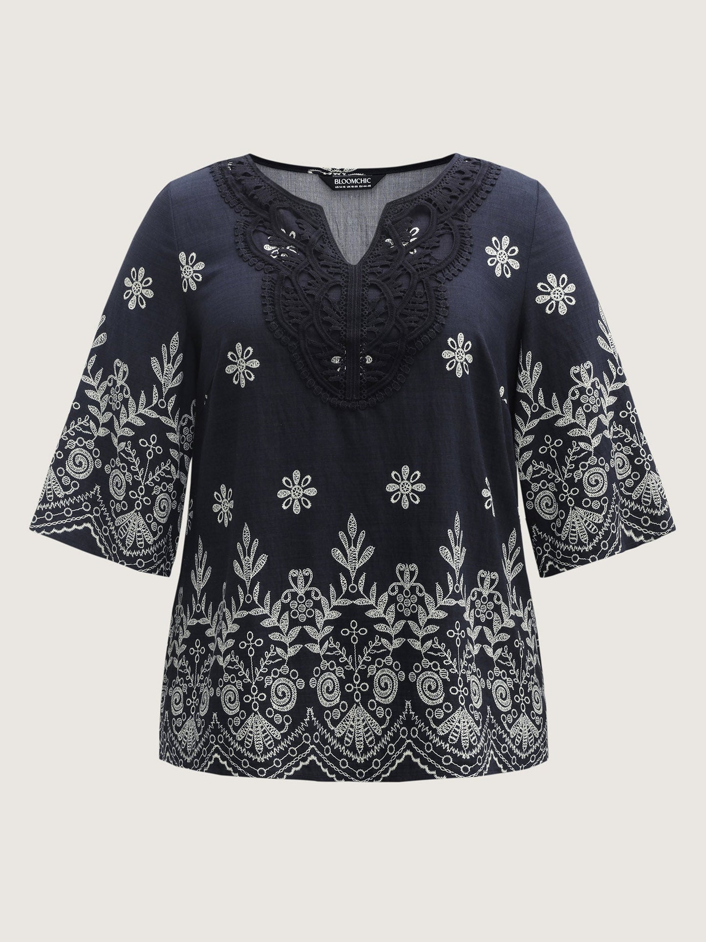 Boho Print Lace Neck Blouse