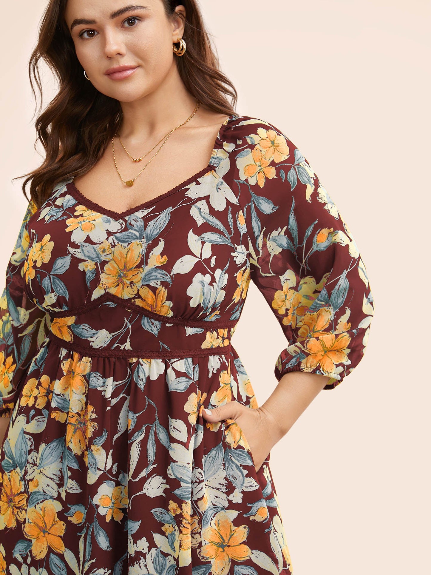 Floral Heart Neckline Woven Ribbon Gathered Dress