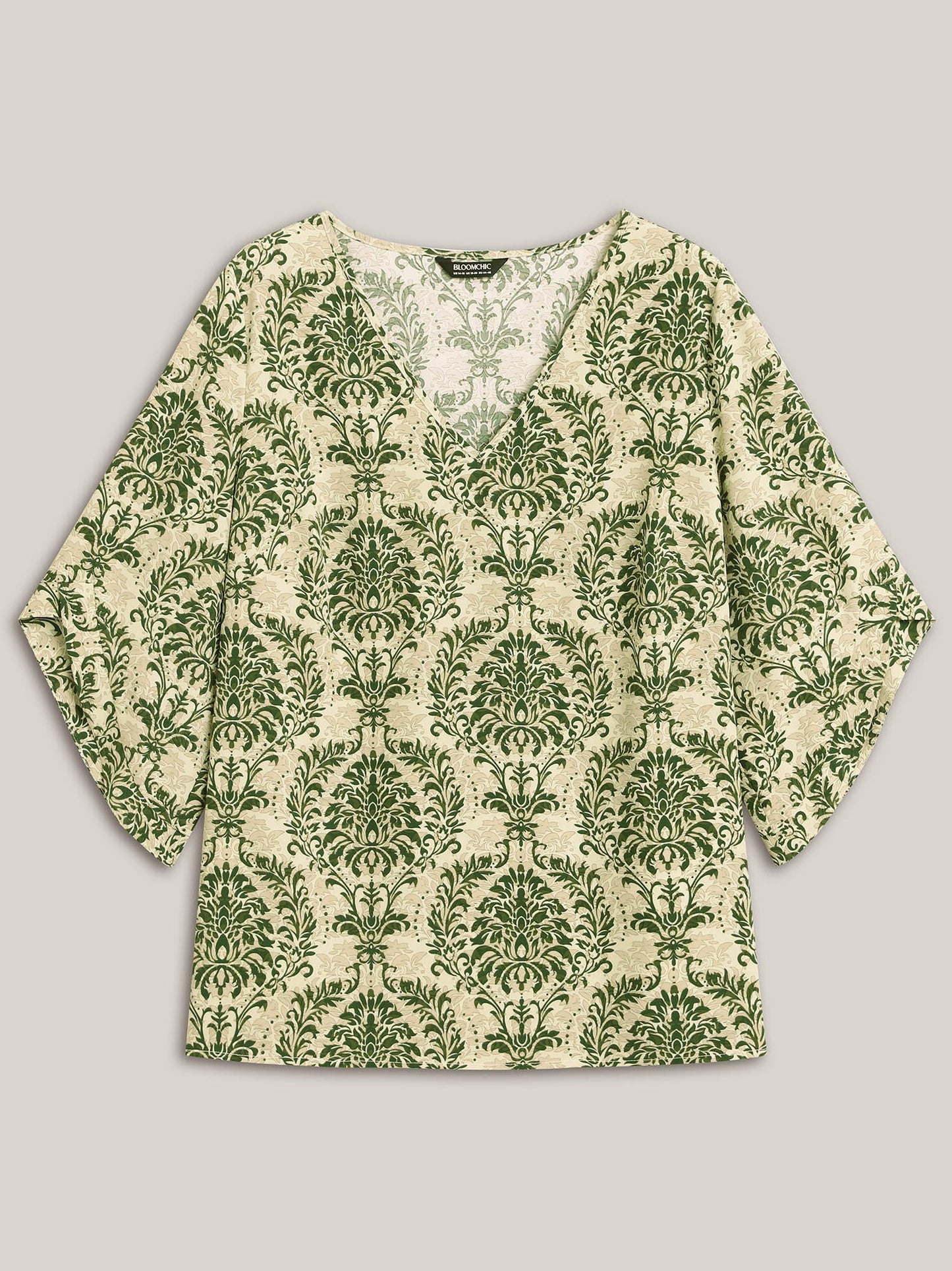 Damask Print Flared Sleeve V-Neck Shirt