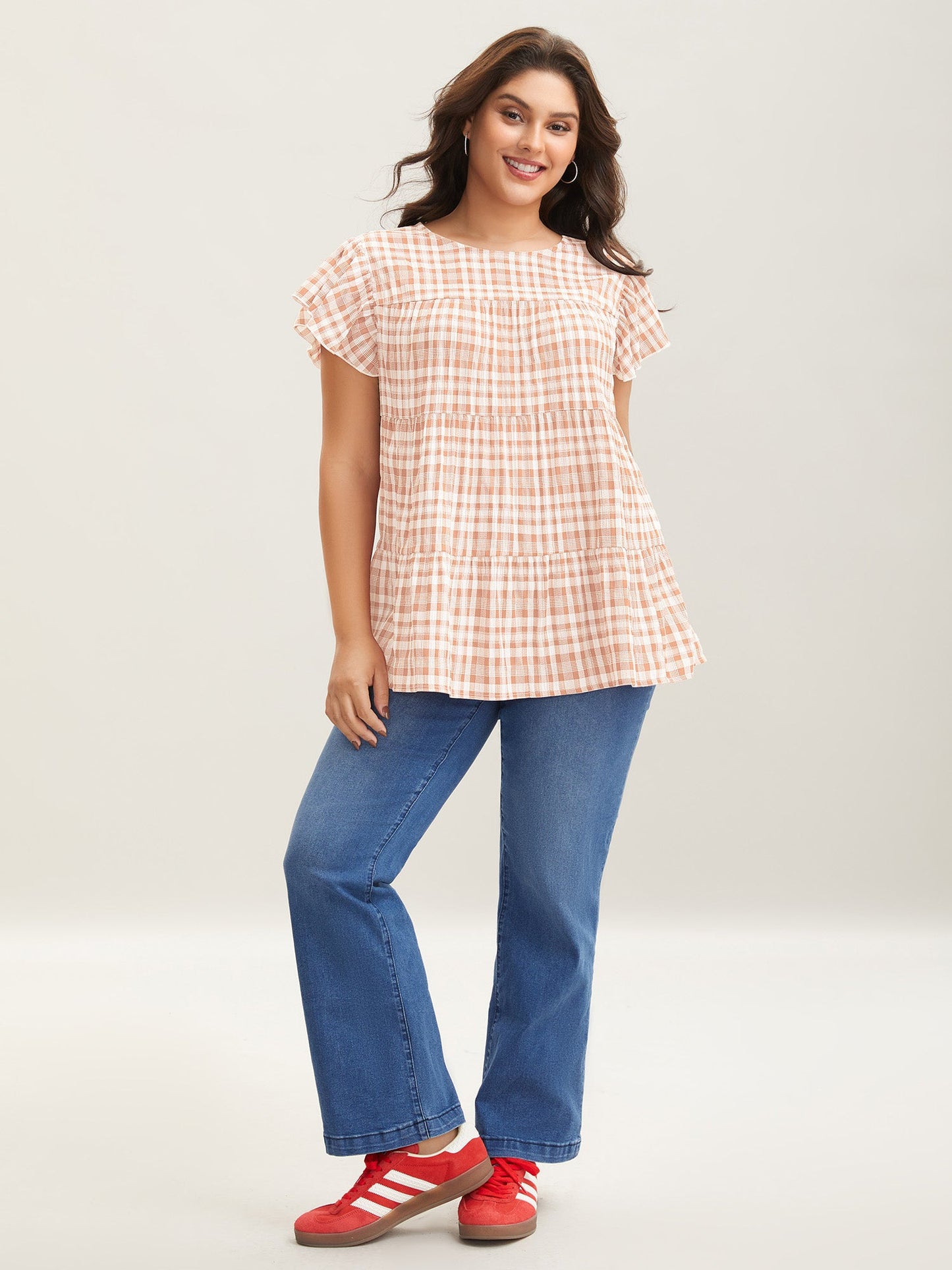 Plaid Print Textured Lotus Leaf Sleeve Shirt