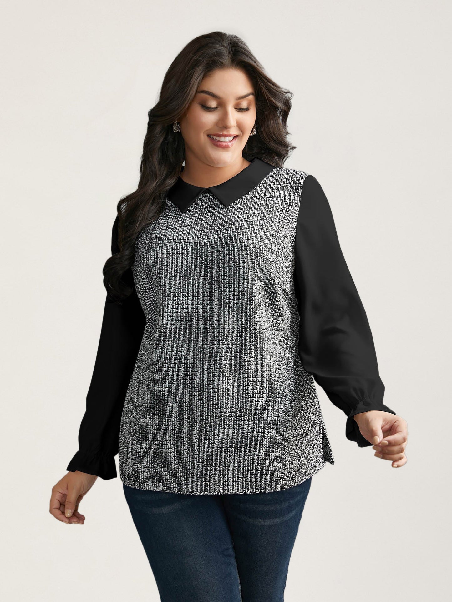 Tweed Patchwork Lantern Sleeve Blouse