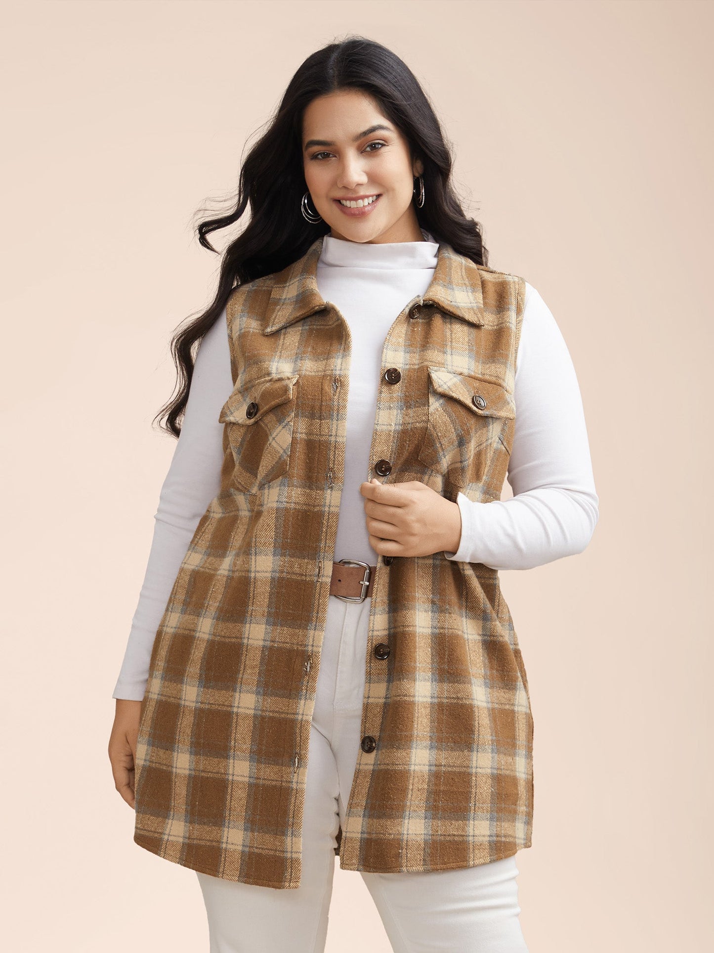 Plaid Flap Detail Sleeveless Jacket