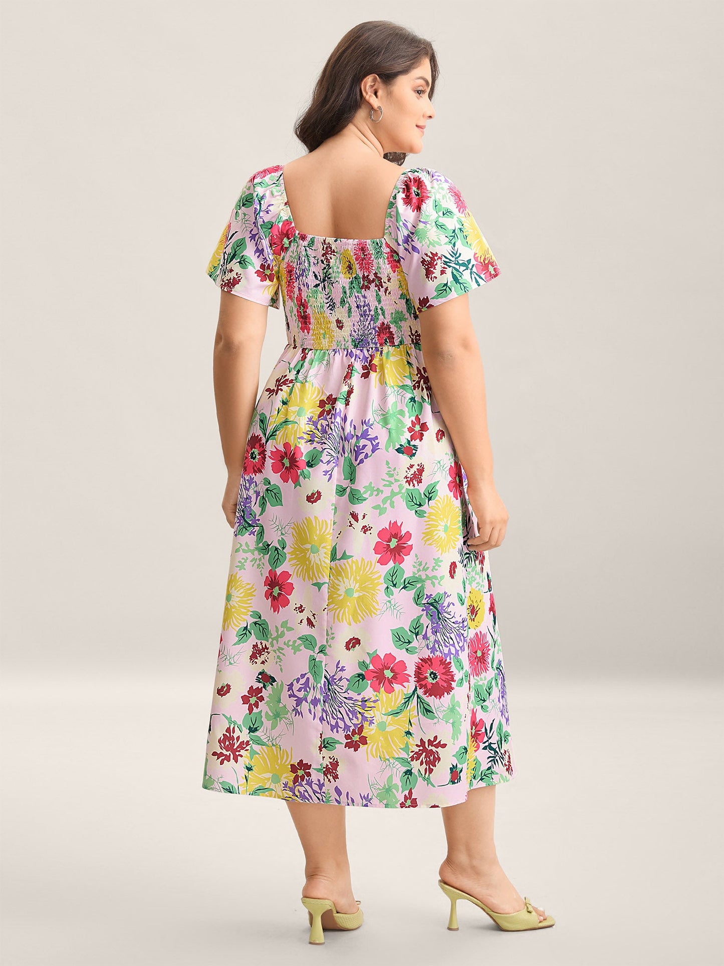 Floral Shirred Square Neck Pocket Midi Dress