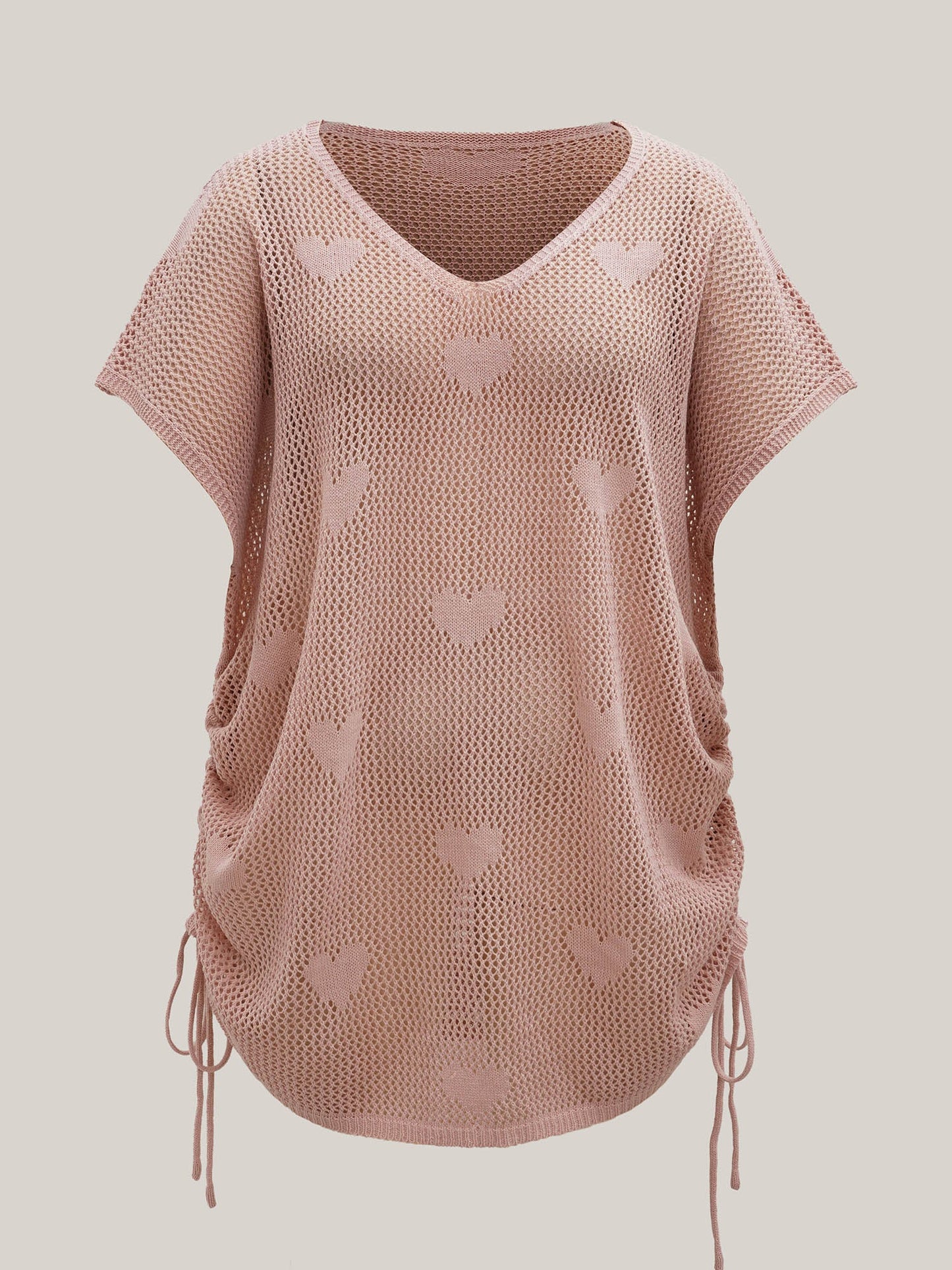 Heart Pattern Drawstring Textured Sheer Swim Cover-Up