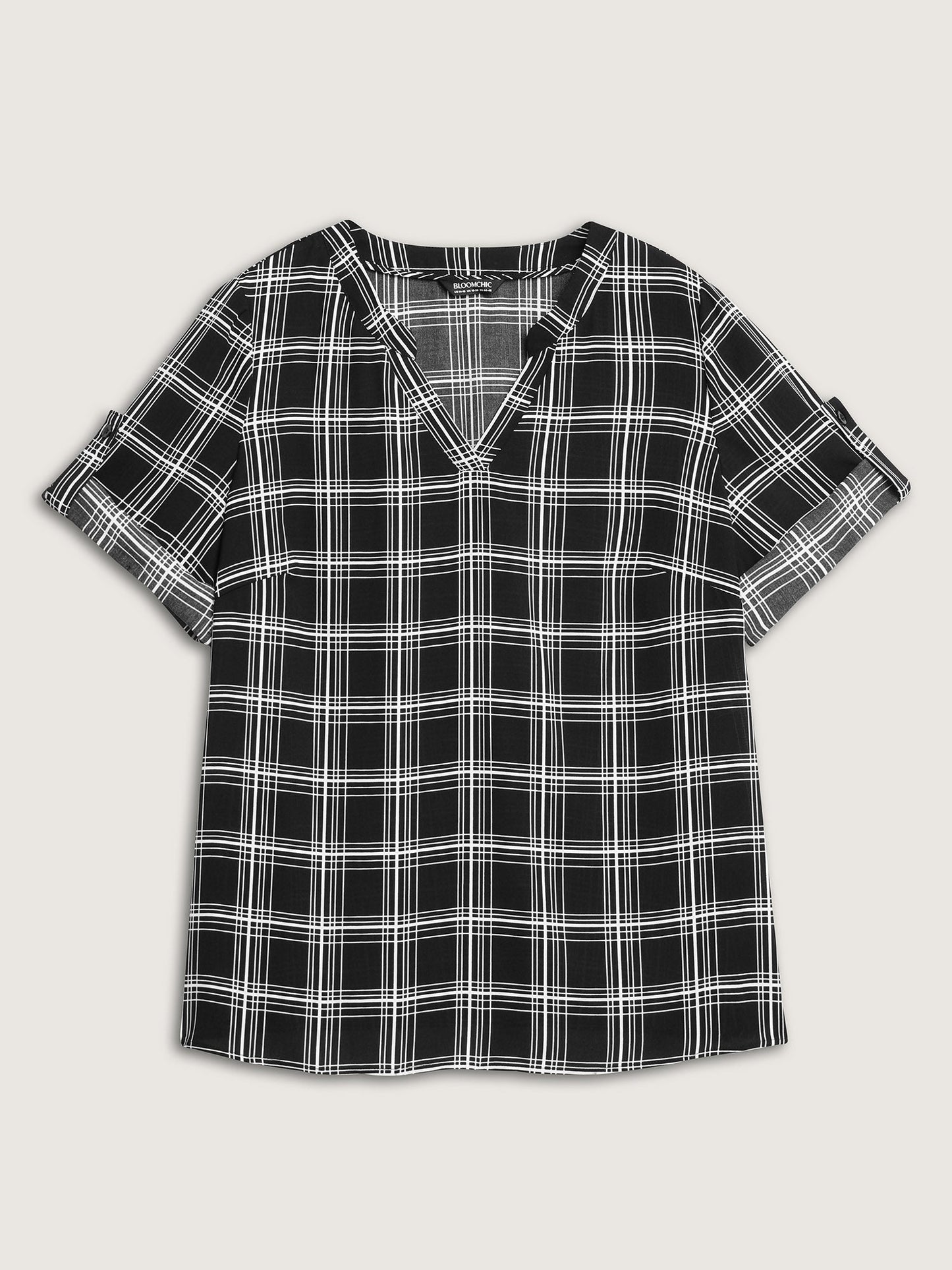 Plaid Print Tab Sleeve Notched Blouse