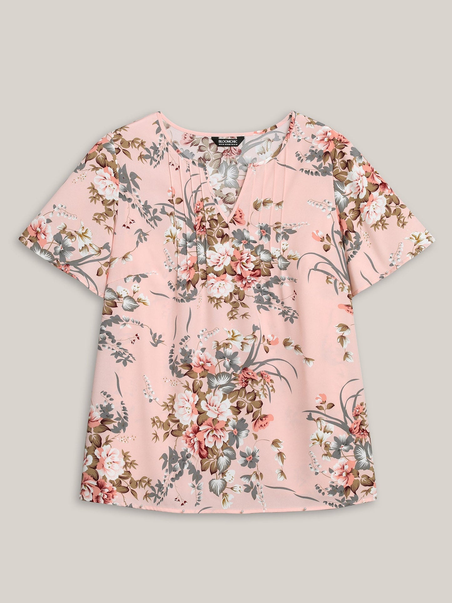 Spring Pattern Neck Cut-Out Pleated Shirt