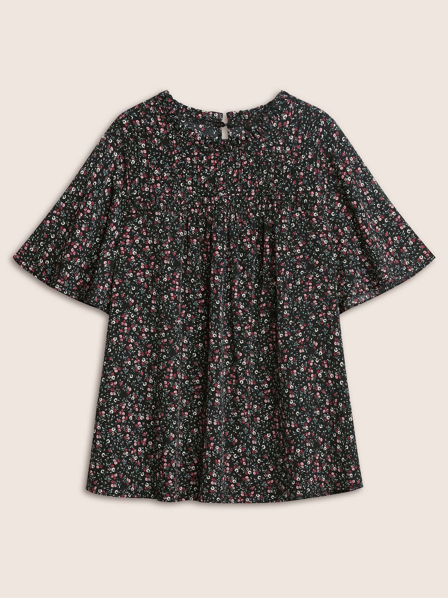 Ditsy Floral Plicated Detail Frill Trim Blouse