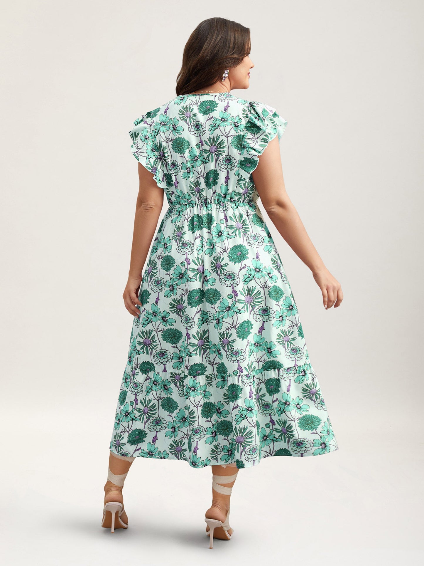 Ruffled Floral Print Stretchy-Waist Midi Dress