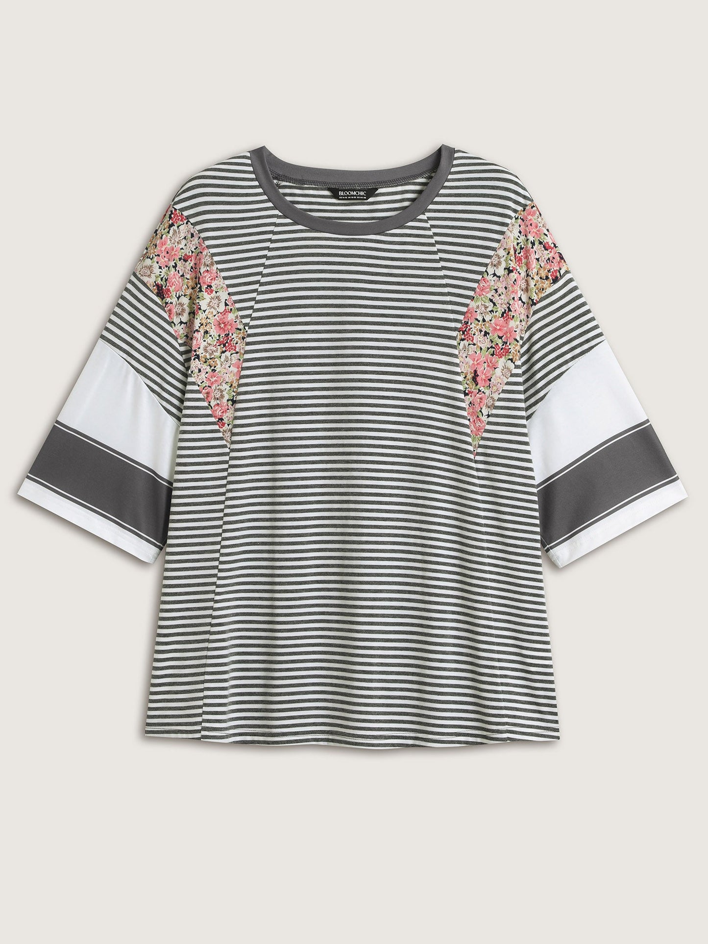 Cotton Mixed Print Floral Detail Knit Top