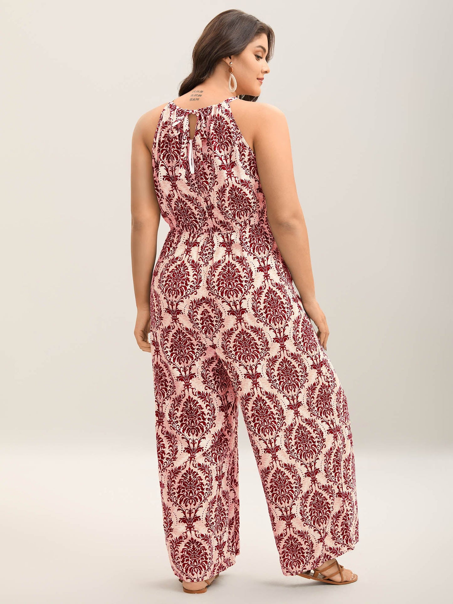 Rayon Damask Print Stretchy Waist Jumpsuit