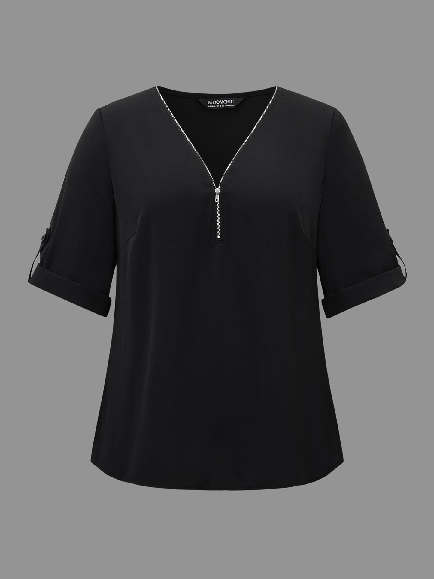 Plain V Neck Half Zip Tab Sleeve Blouse