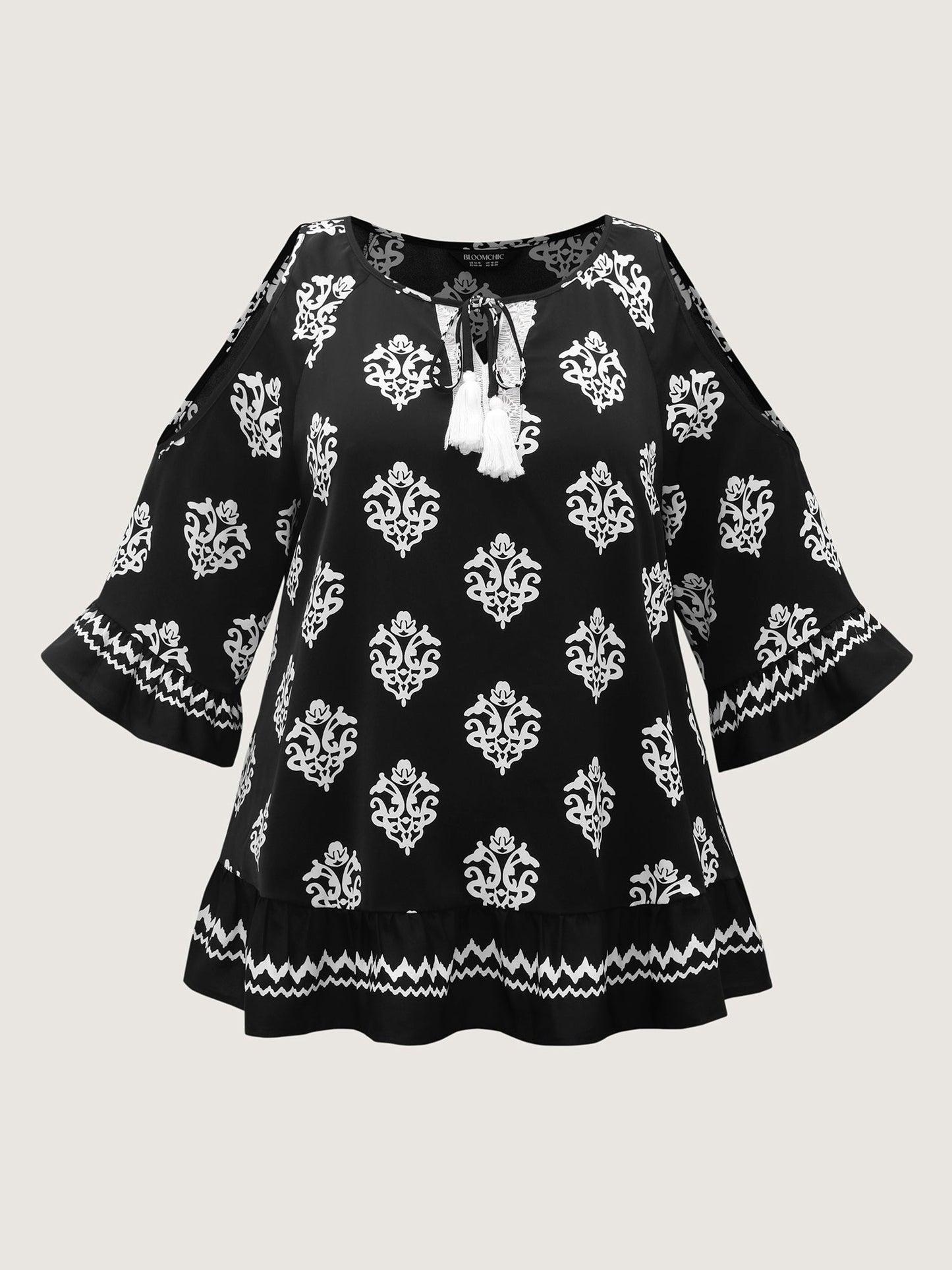 Floral Print Lace Neck Flared Sleeve Blouse