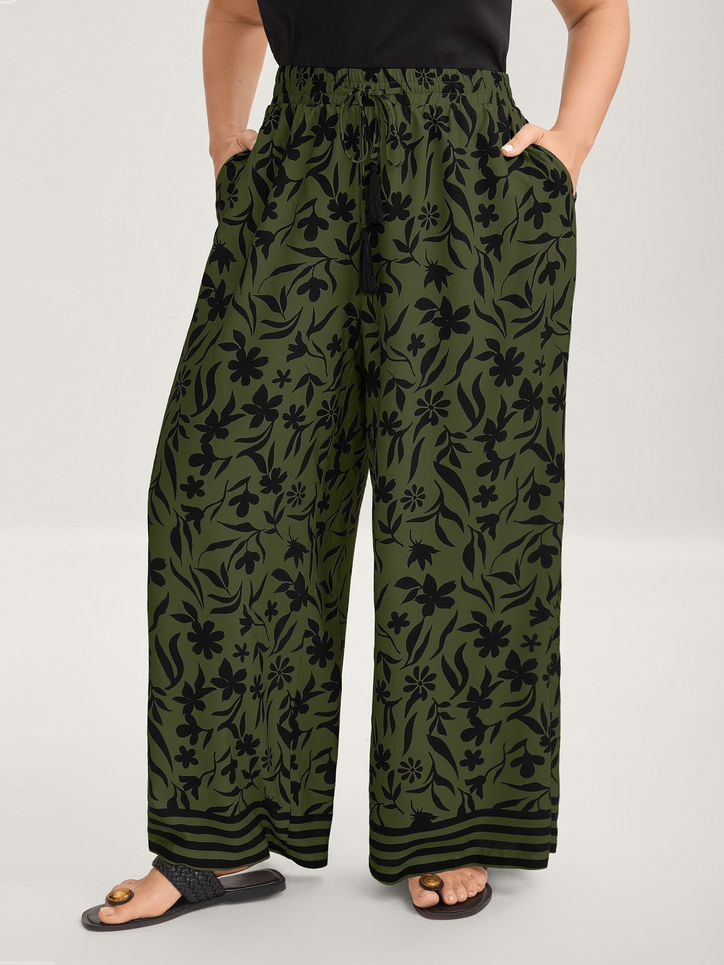 Floral Print Wide-Leg Contrast Pants