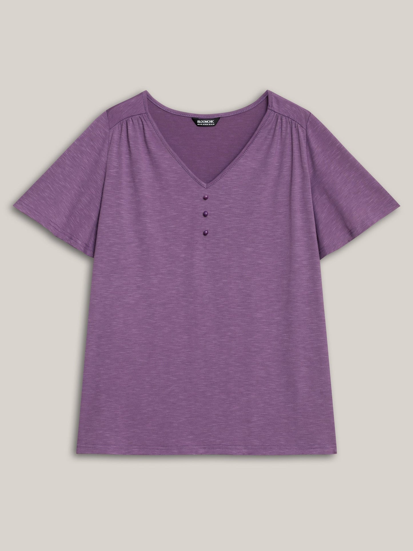 Bamboo Textured Pleated Shoulder Button T-Shirt