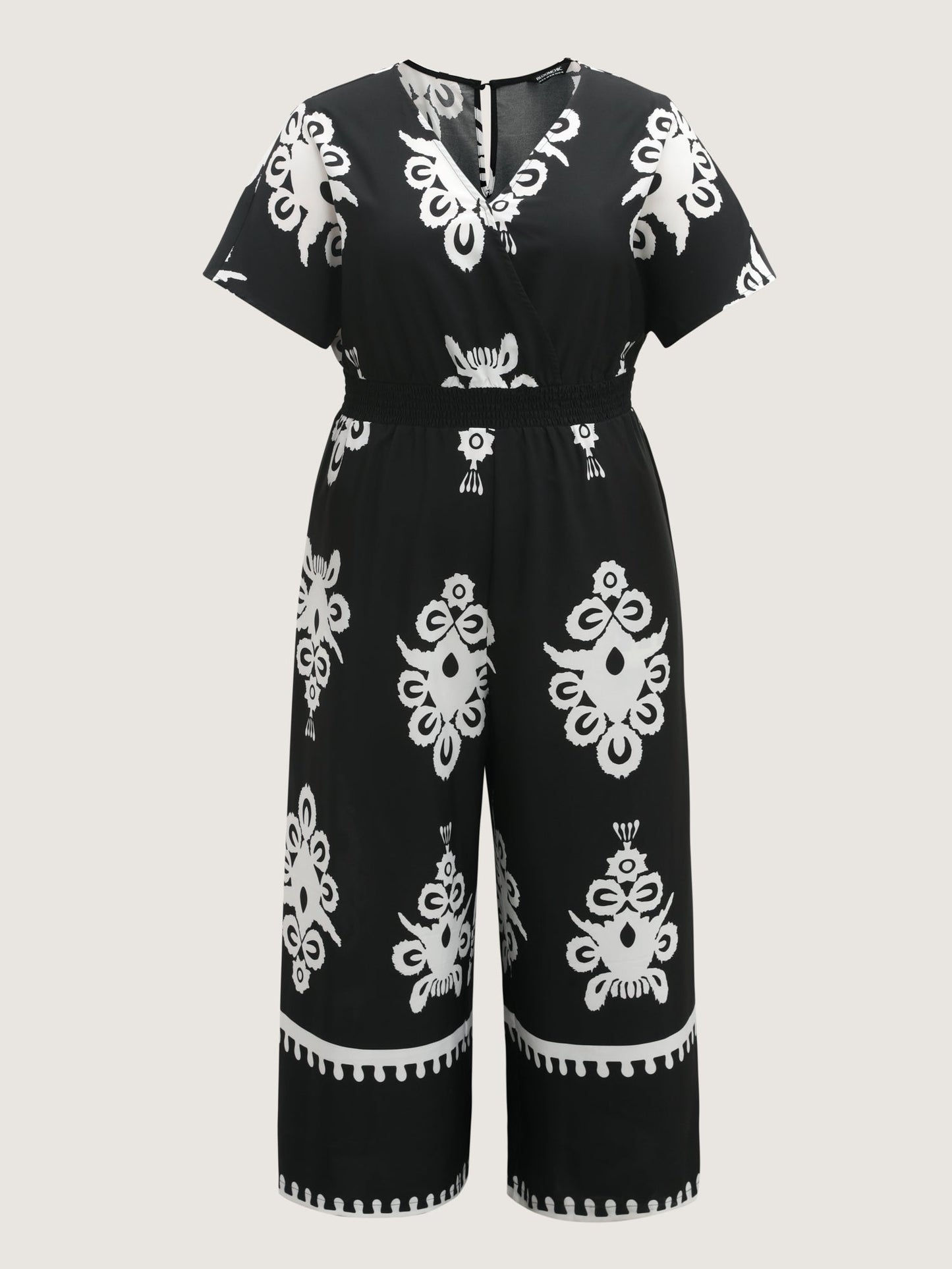 Boho Print Shirred Waist Surplice Jumpsuit