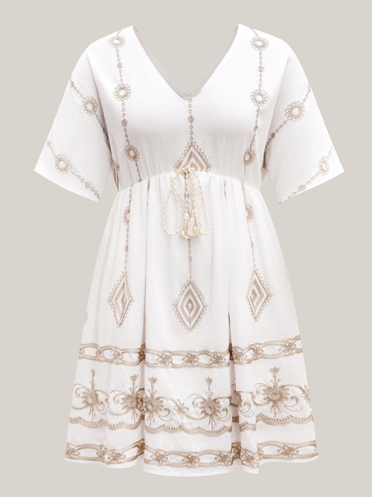 Boho Embroidered Waist Tie Midi Dress