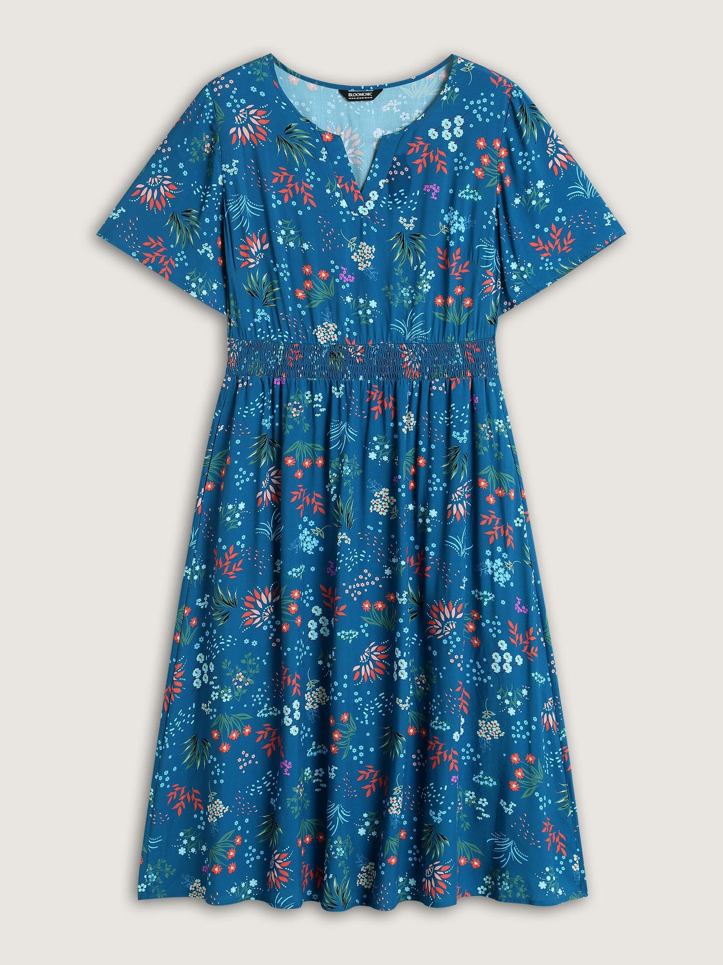 Rayon Playful Floral Shirred Midi Dress