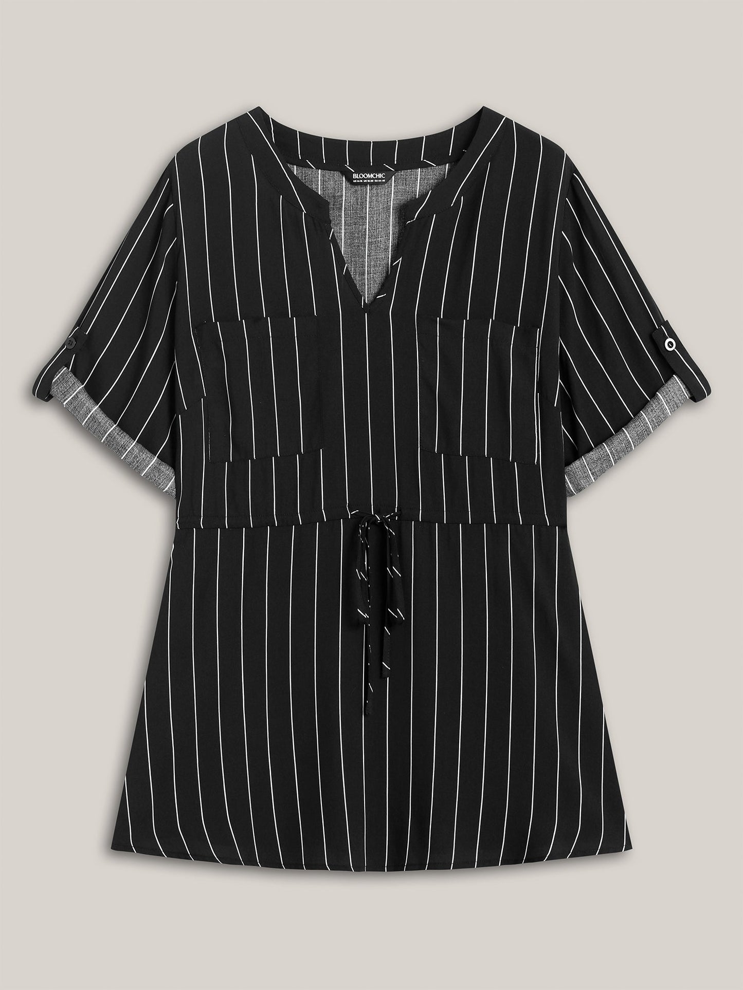 Striped Waist-Tie Pockets Blouse