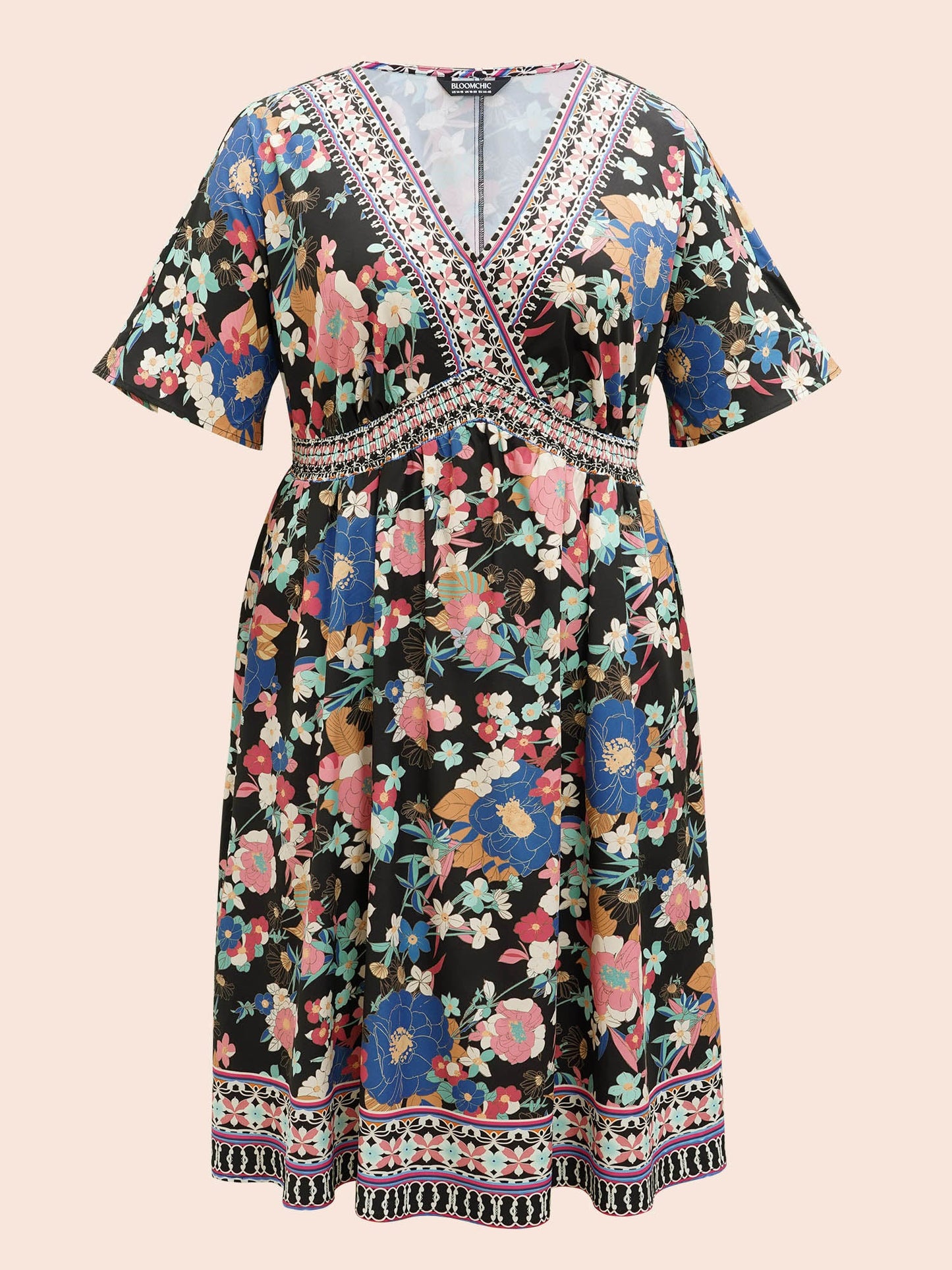 Boho Print Shirred V-Neck Flared Midi Dress