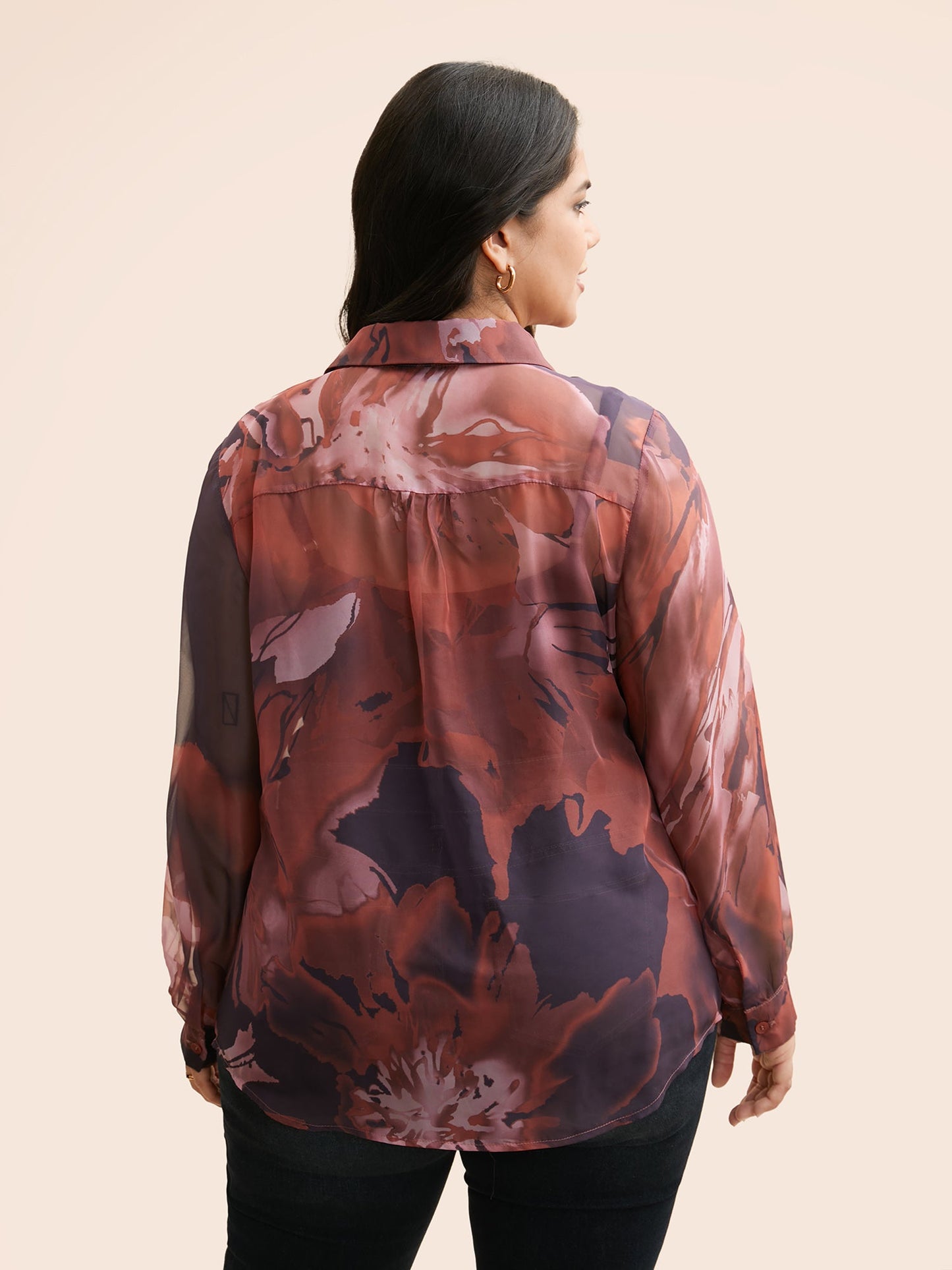 Watercolor Floral Mesh Shirt Collar Blouse