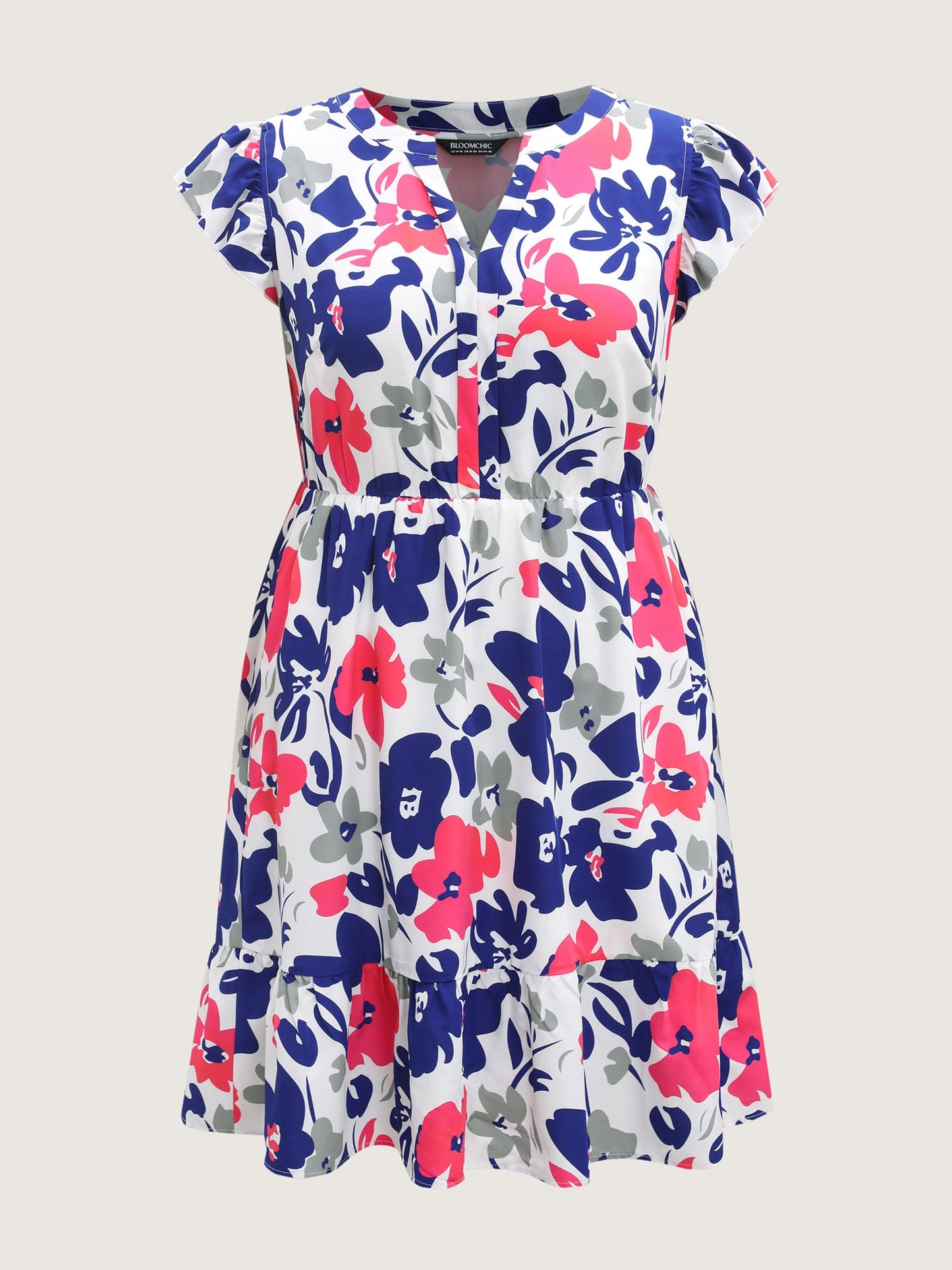 Color Block Floral Print Notched Midi Dress