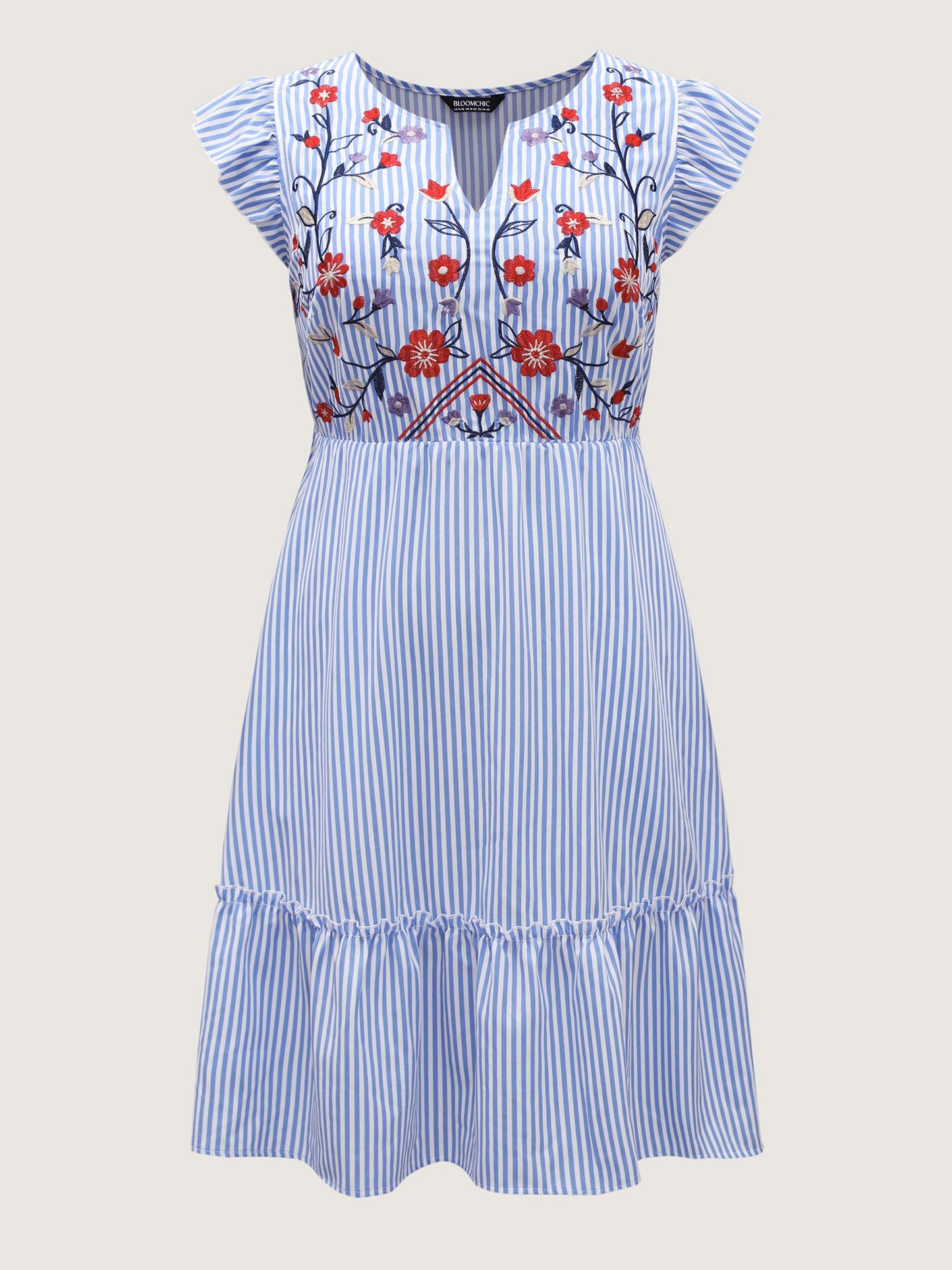 Floral Embroidery Stripes Flutter Midi Dress