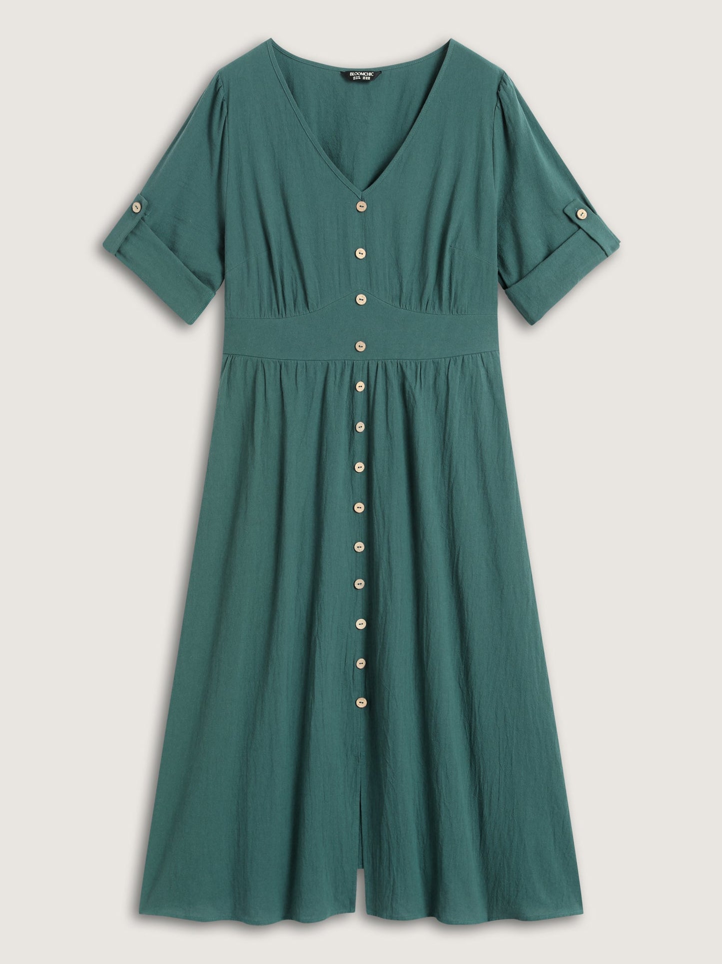 Pure Cotton Button Gathered Sleeve Midi Dress