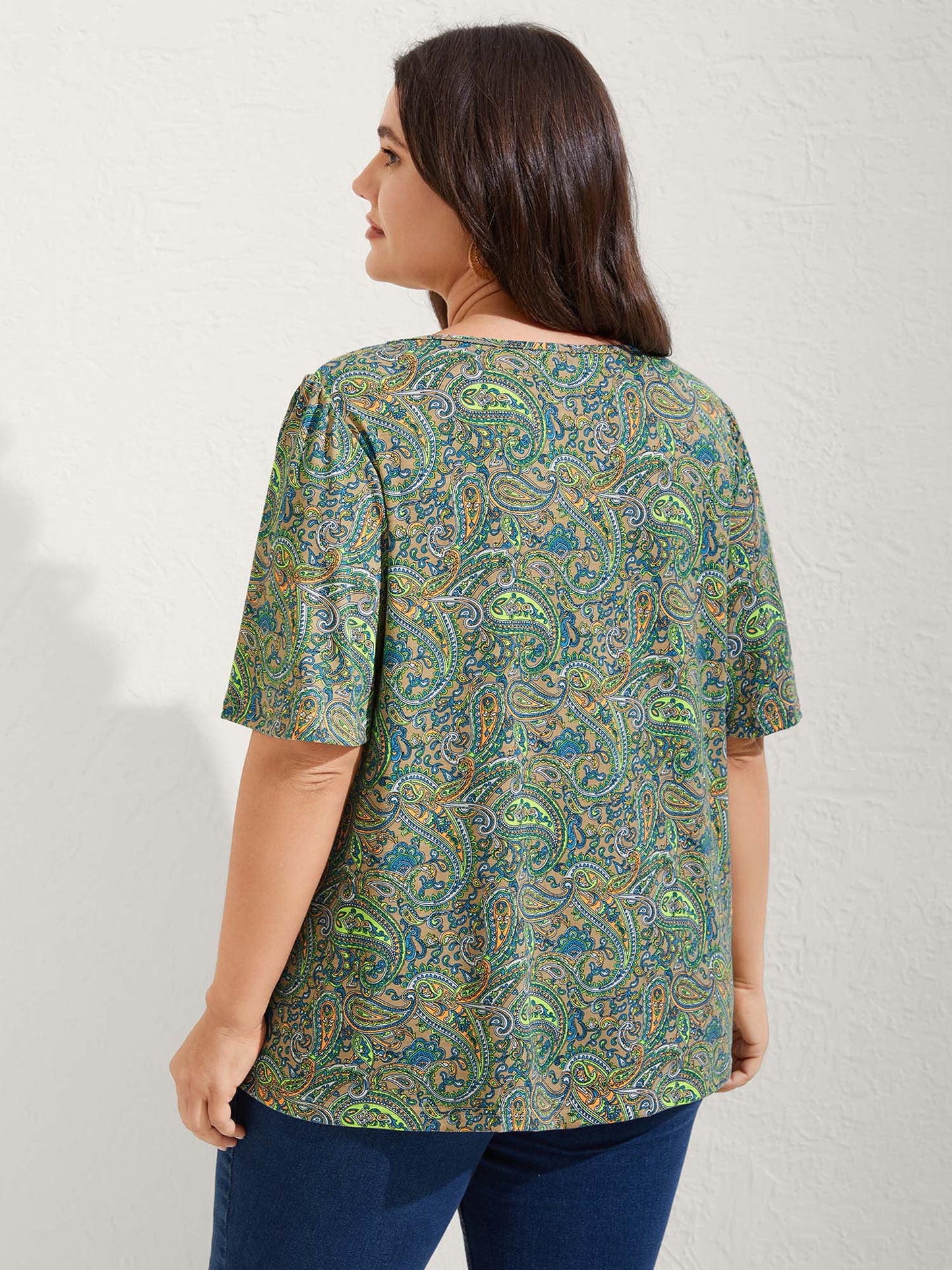 Paisley Print Neck Cut-Out Pleated Top