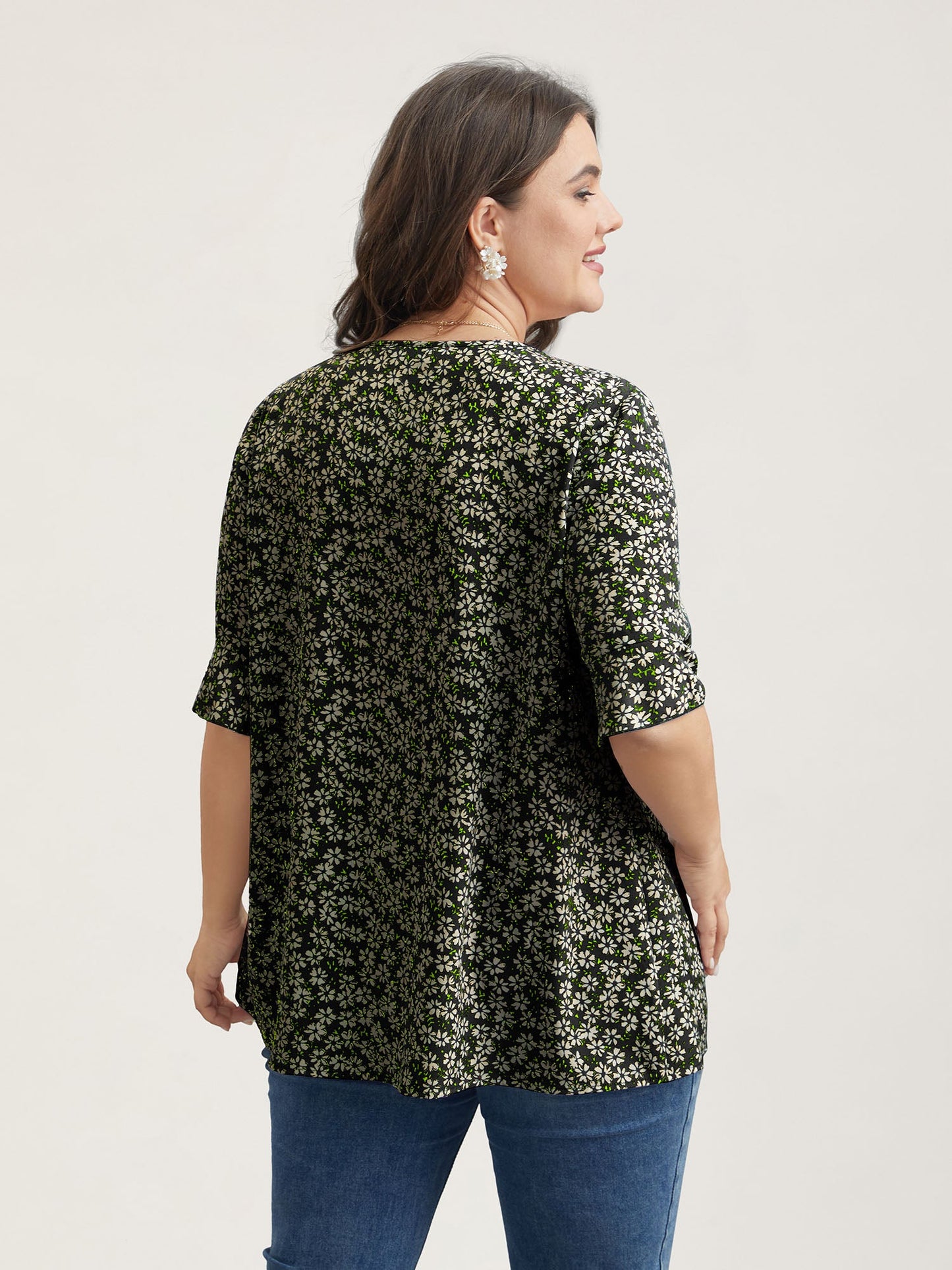 Ditsy Floral Pleated Flared Sleeve Shirt