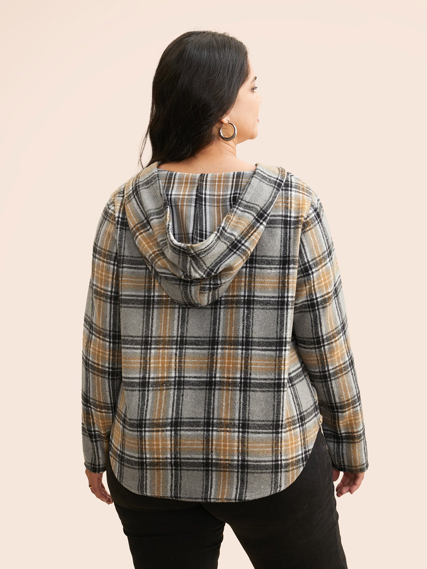 Brushed Fabric Plaid Hooded Sweatshirt