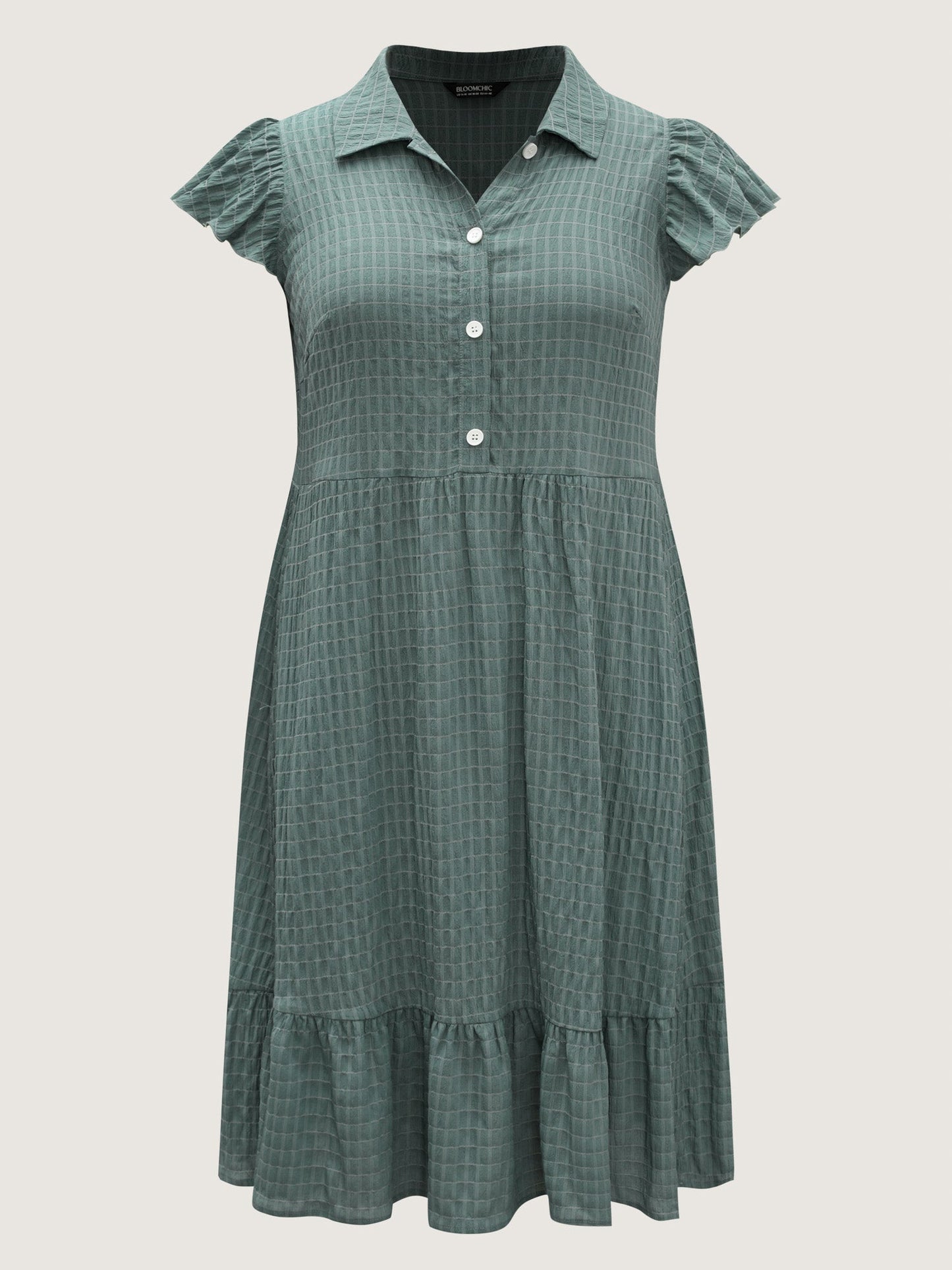 Textured Pockets Collar Flutter Sleeve Midi Dress