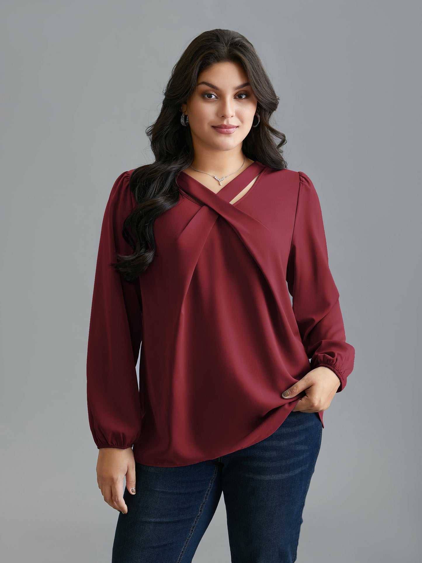 Criss Cross Neckline Puff Sleeve Gathered Blouse
