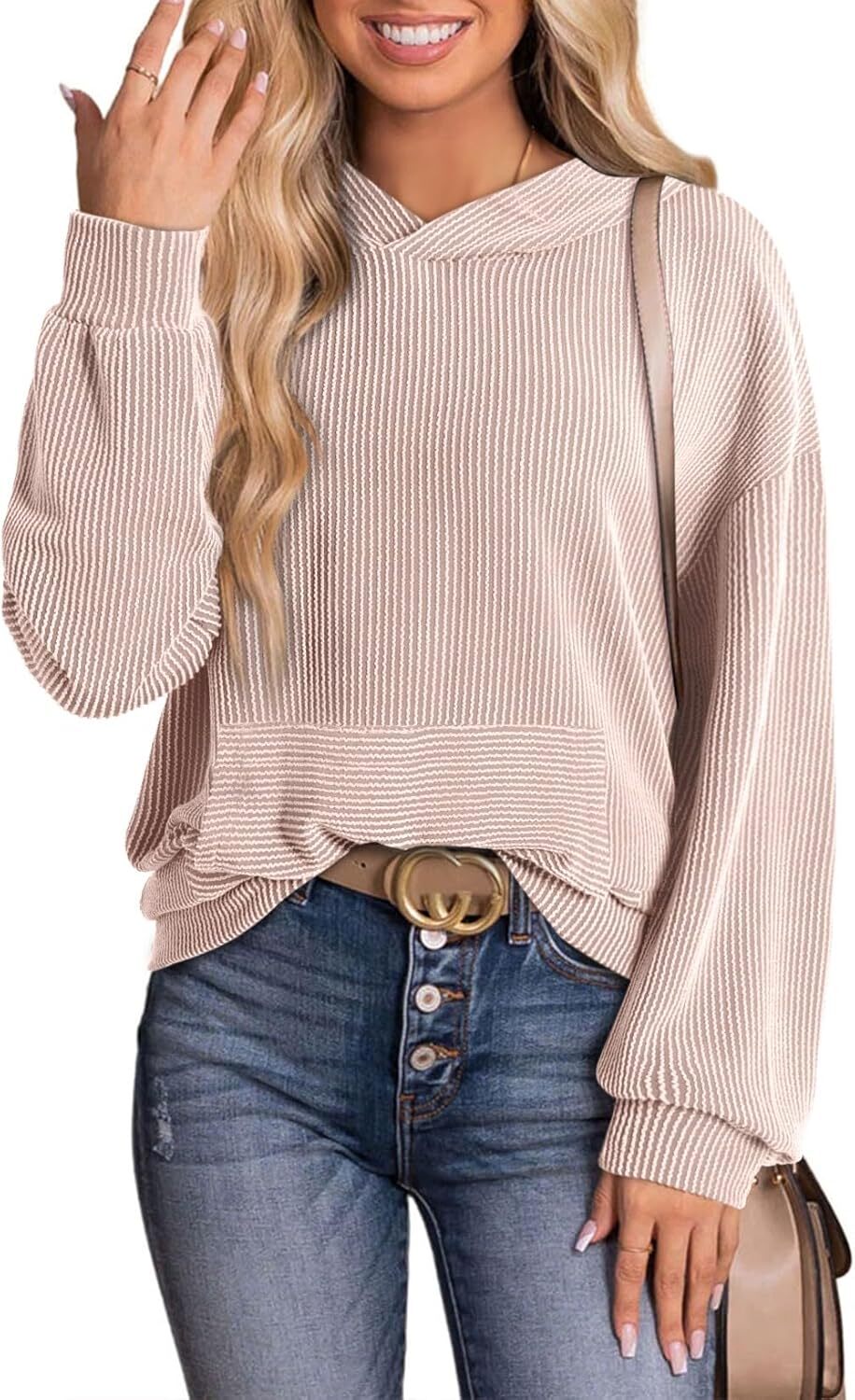 Women's Pullover Hoodies Sweatshirts Casual Loose Long Sleeve Ribbed Knit Shirts