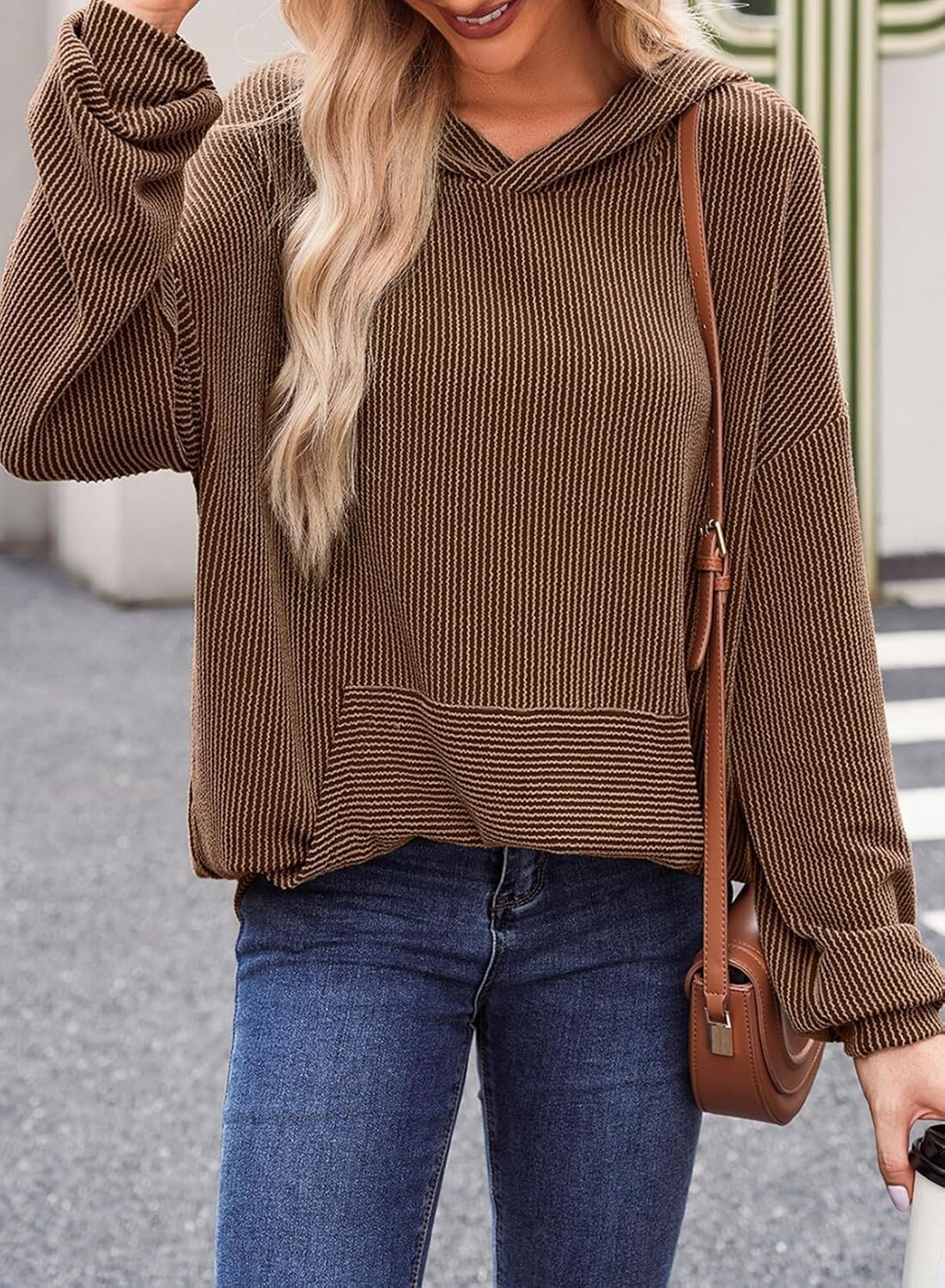 Women's Pullover Hoodies Sweatshirts Casual Loose Long Sleeve Ribbed Knit Shirts