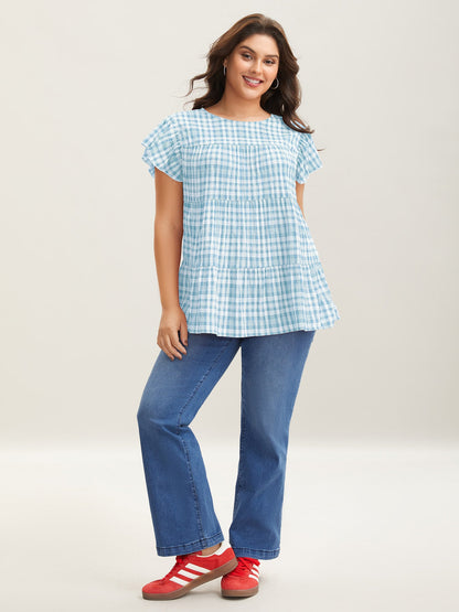 Plaid Print Textured Lotus Leaf Sleeve Shirt